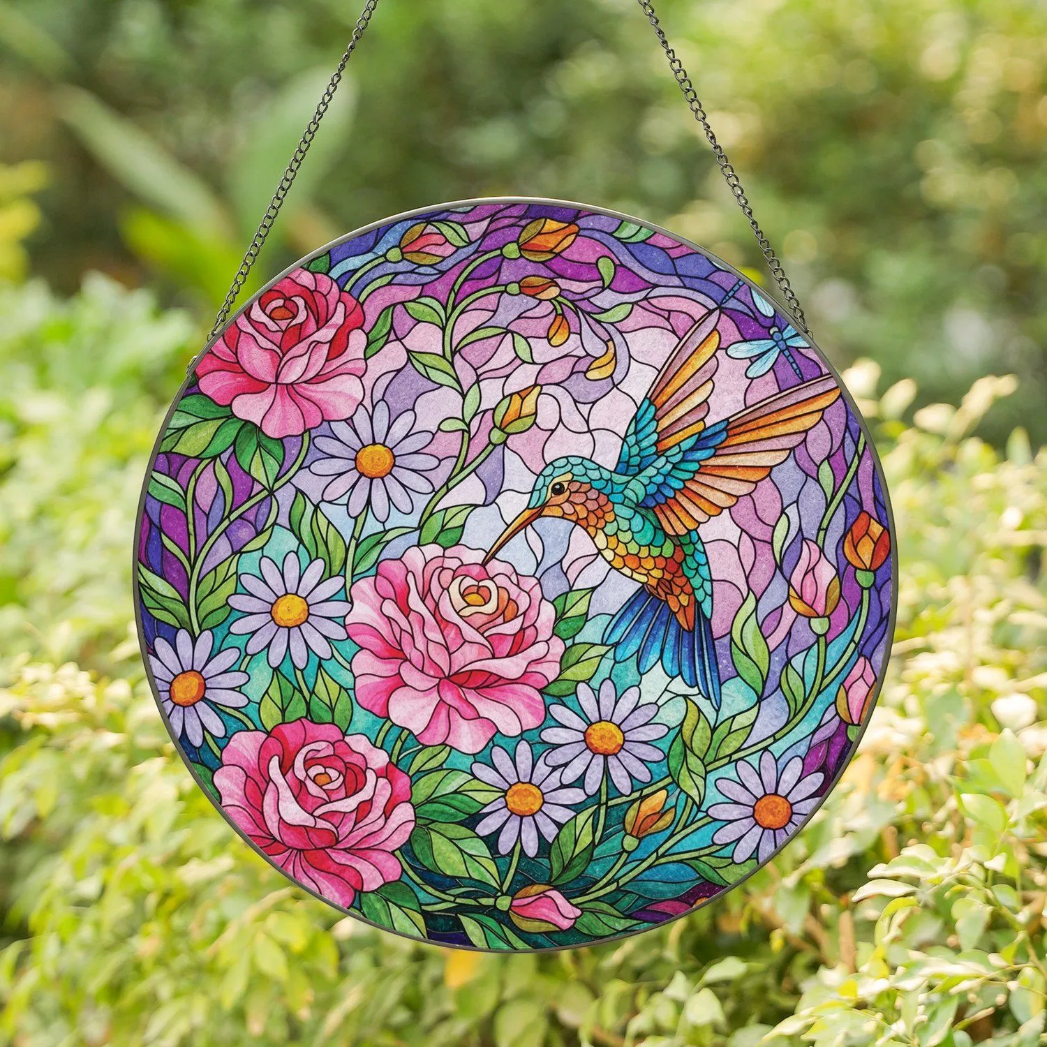 Hummingbird Pink Flower Rose Daisy Garden - Nature Lover Home Decor Gift Stained Glass Suncatcher - 1