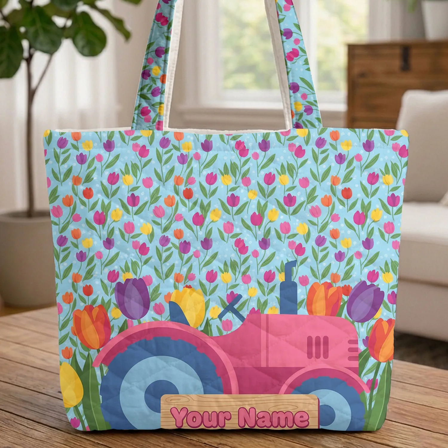 Pink Tractor Blue Wheels Colorful Tulips Personalized Wooden Sign - Everyday Carry Gift Quilted Tote Bag - 1