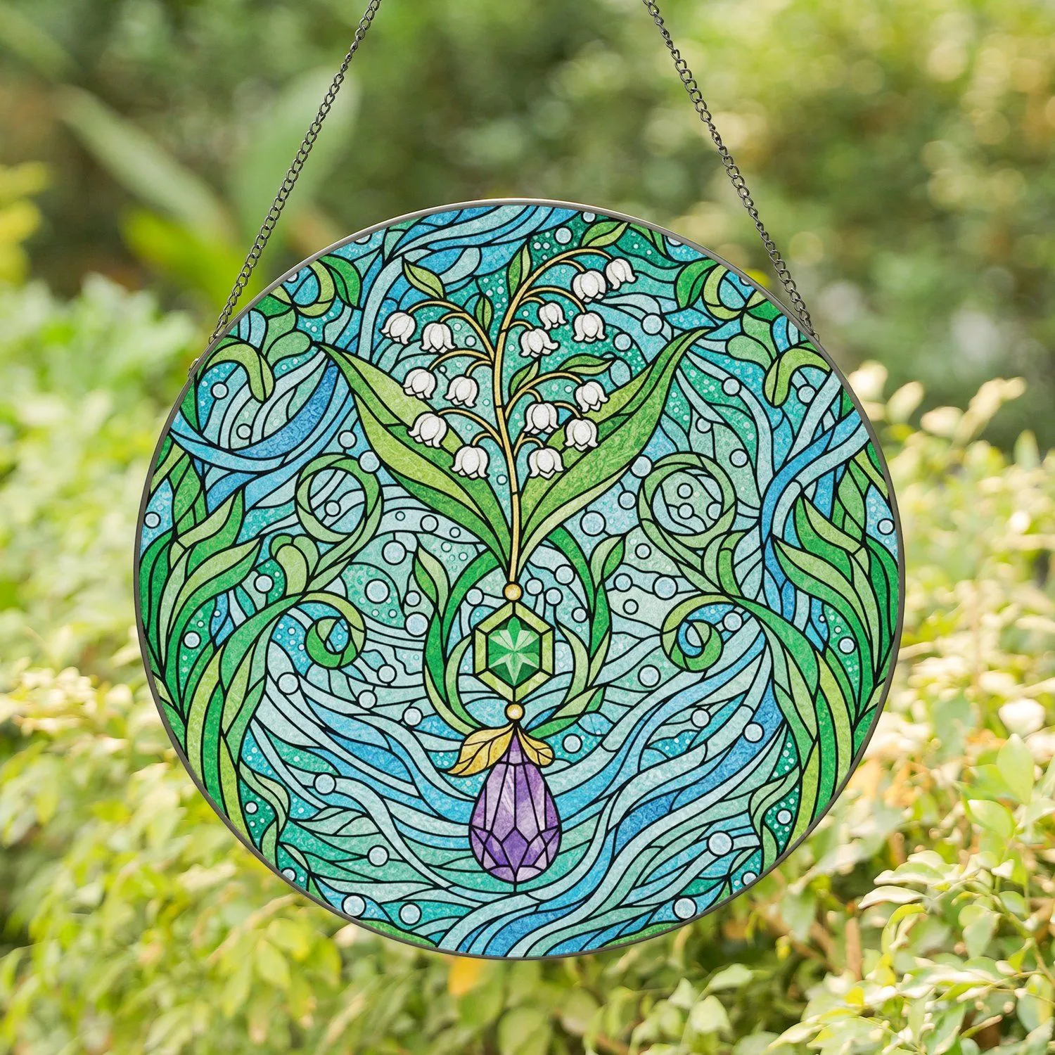 Lily-of-the-Valley Emerald Amethyst Crystal Foliage - Home Decor Gift for Flower Lover Stained Glass Suncatcher - 1