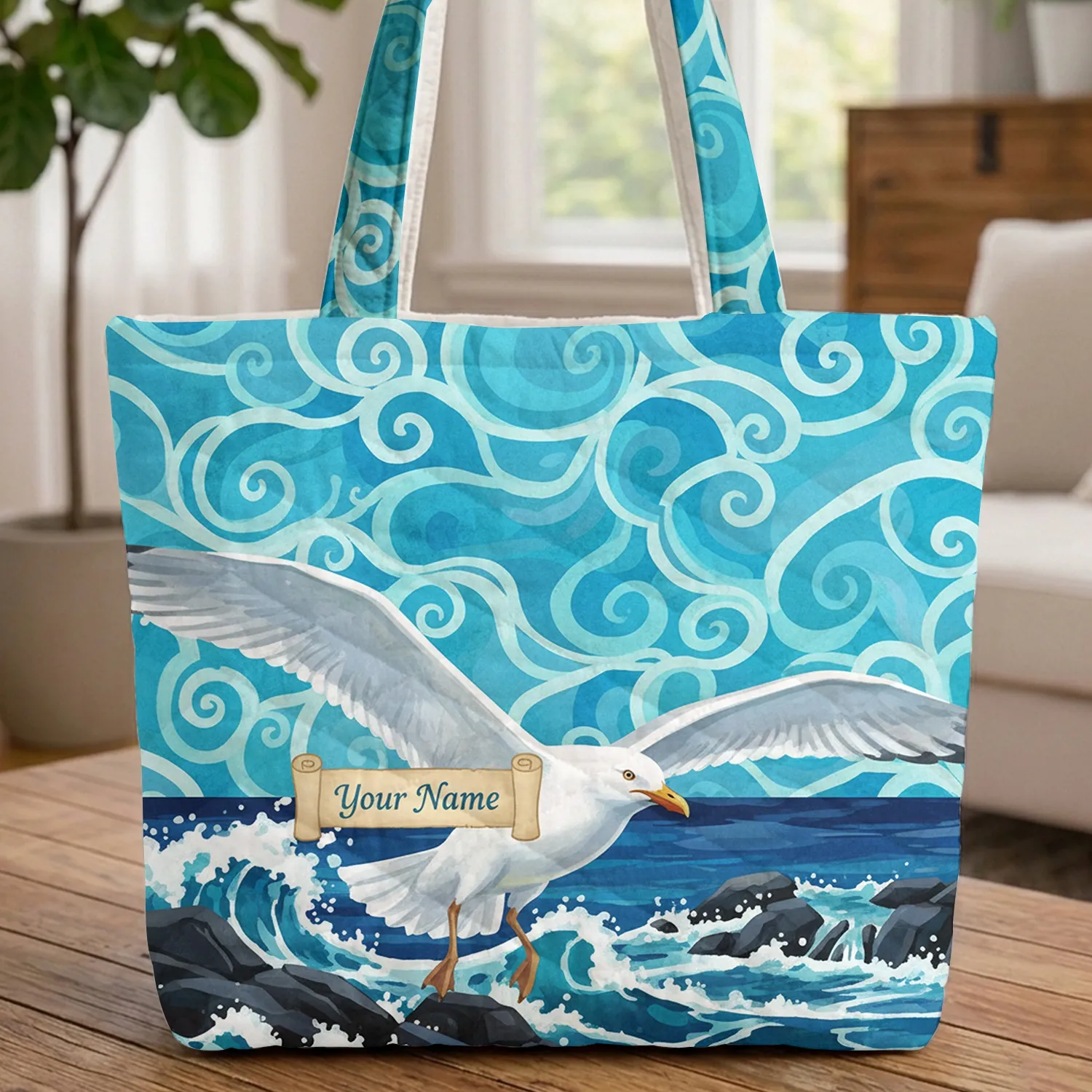 Seagull Crashing Ocean Waves Rocky Coast - Ocean Lover Travel Essentials Gift Quilted Tote Bag - 1