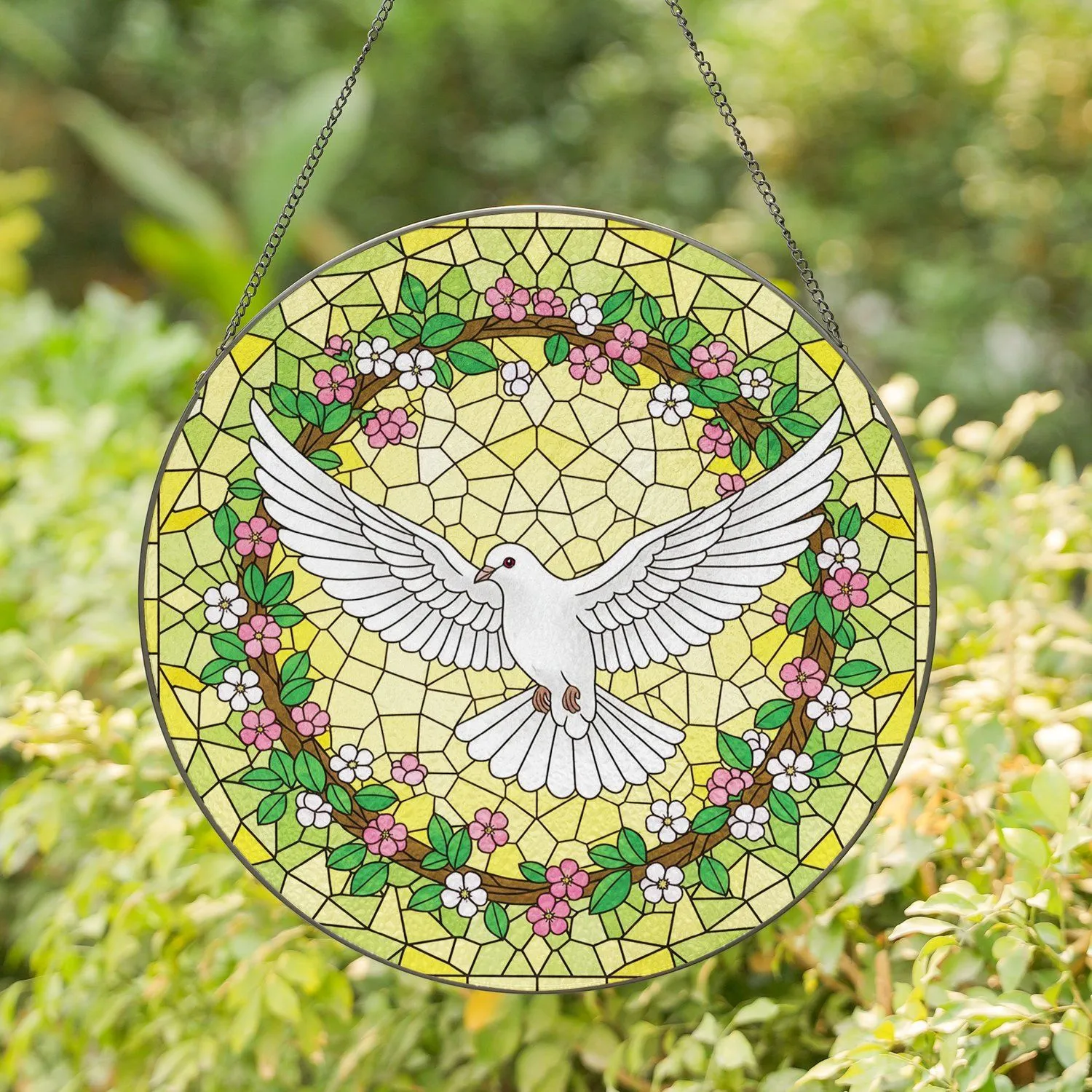 White Dove Flight Wreath Blossom - Wildlife Home Decor Gift for Bird Lover Stained Glass Suncatcher - 1