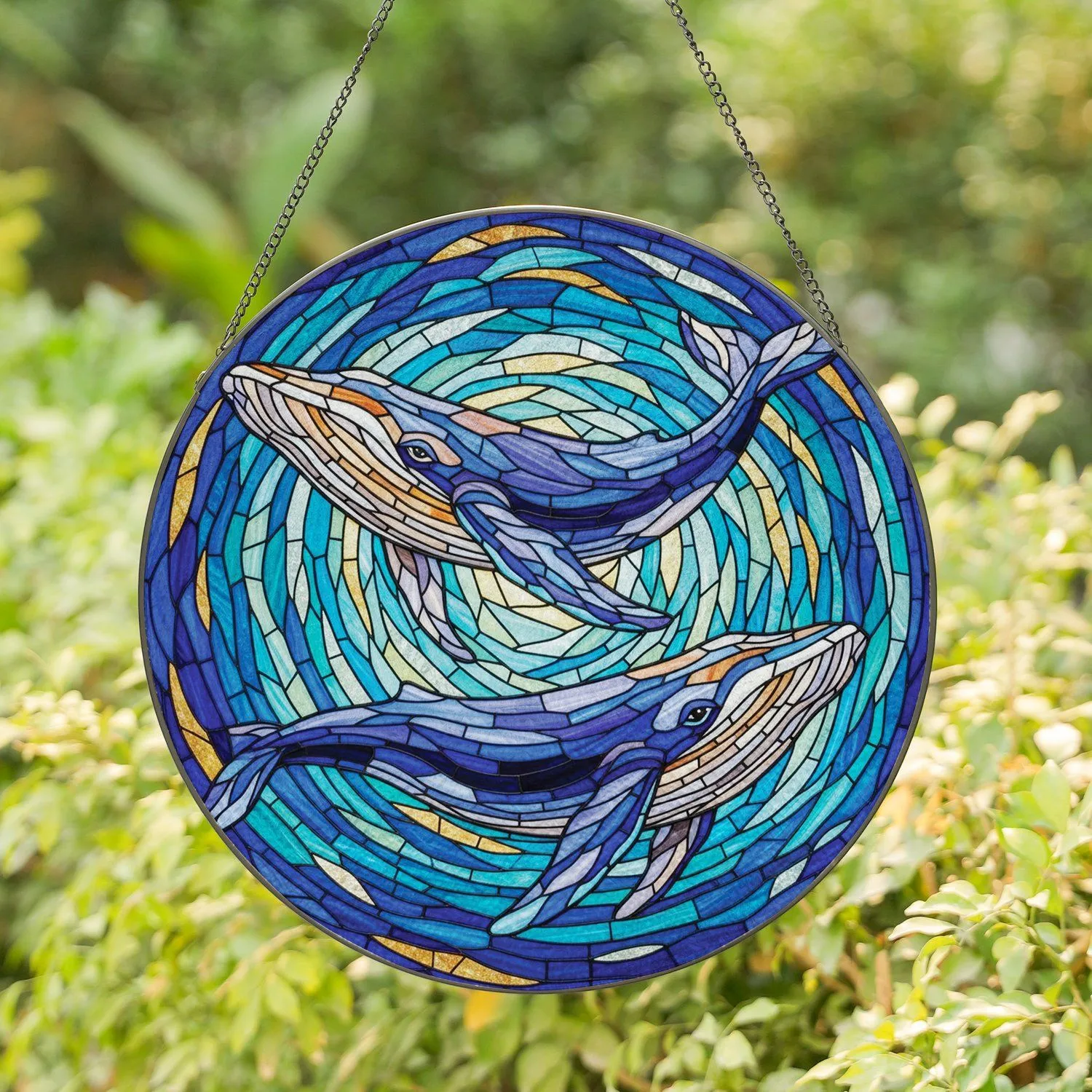 Humpback Whales Shimmering Ocean - Marine Life Admirer Home Decor Gift Stained Glass Suncatcher - 1