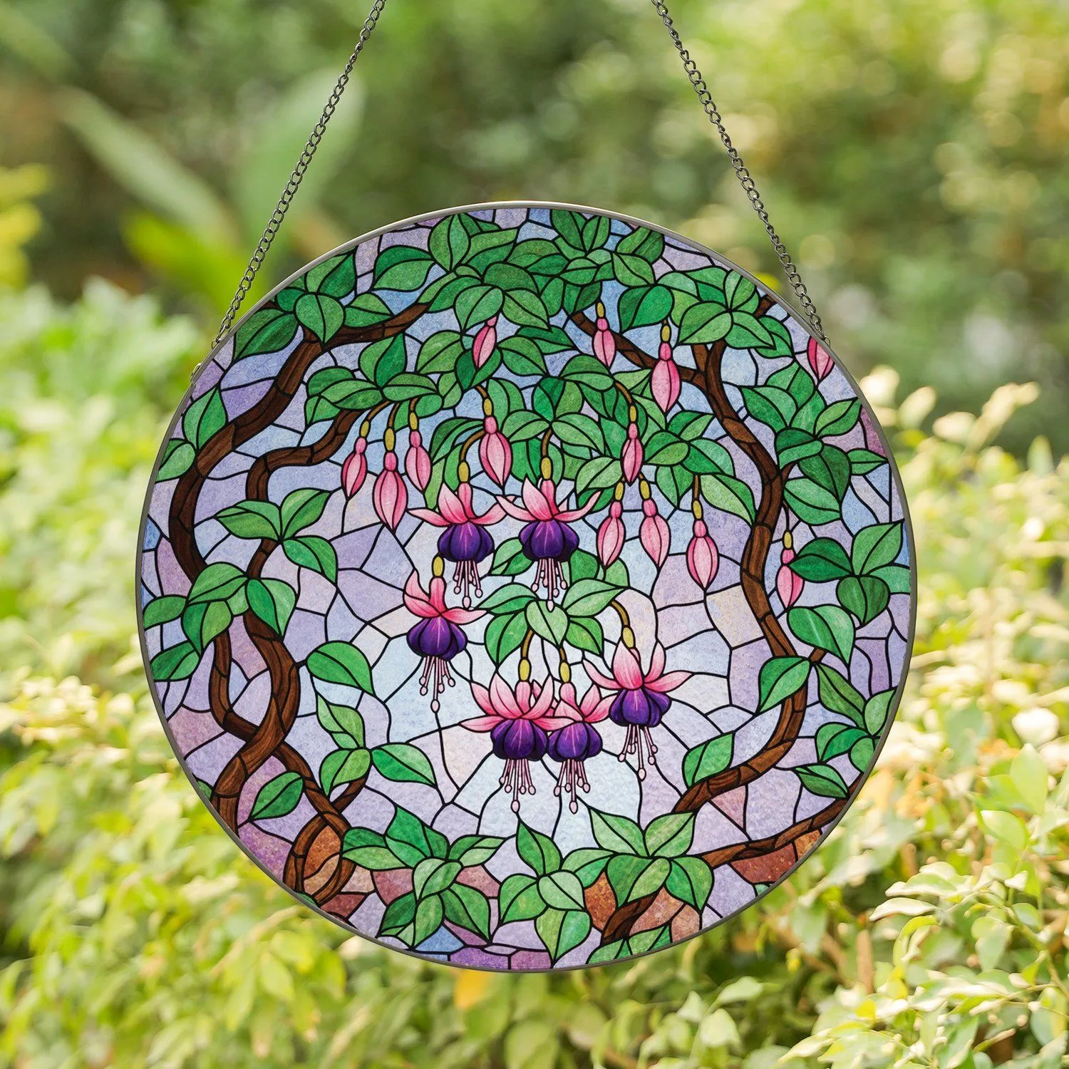 Stained Glass Fuchsia Flowers Branches Geometric Mosaic - Home Decor Gift for Floral Lover Stained Glass Suncatcher - 1