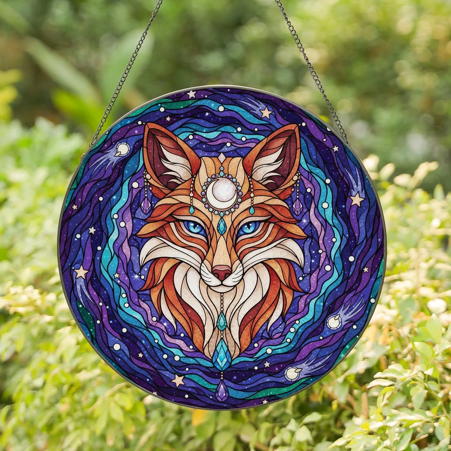 Ornate Jeweled Fox Head Crescent Moon Gem Celestial - Wildlife Lover Home Decor Gift Stained Glass Suncatcher - 1