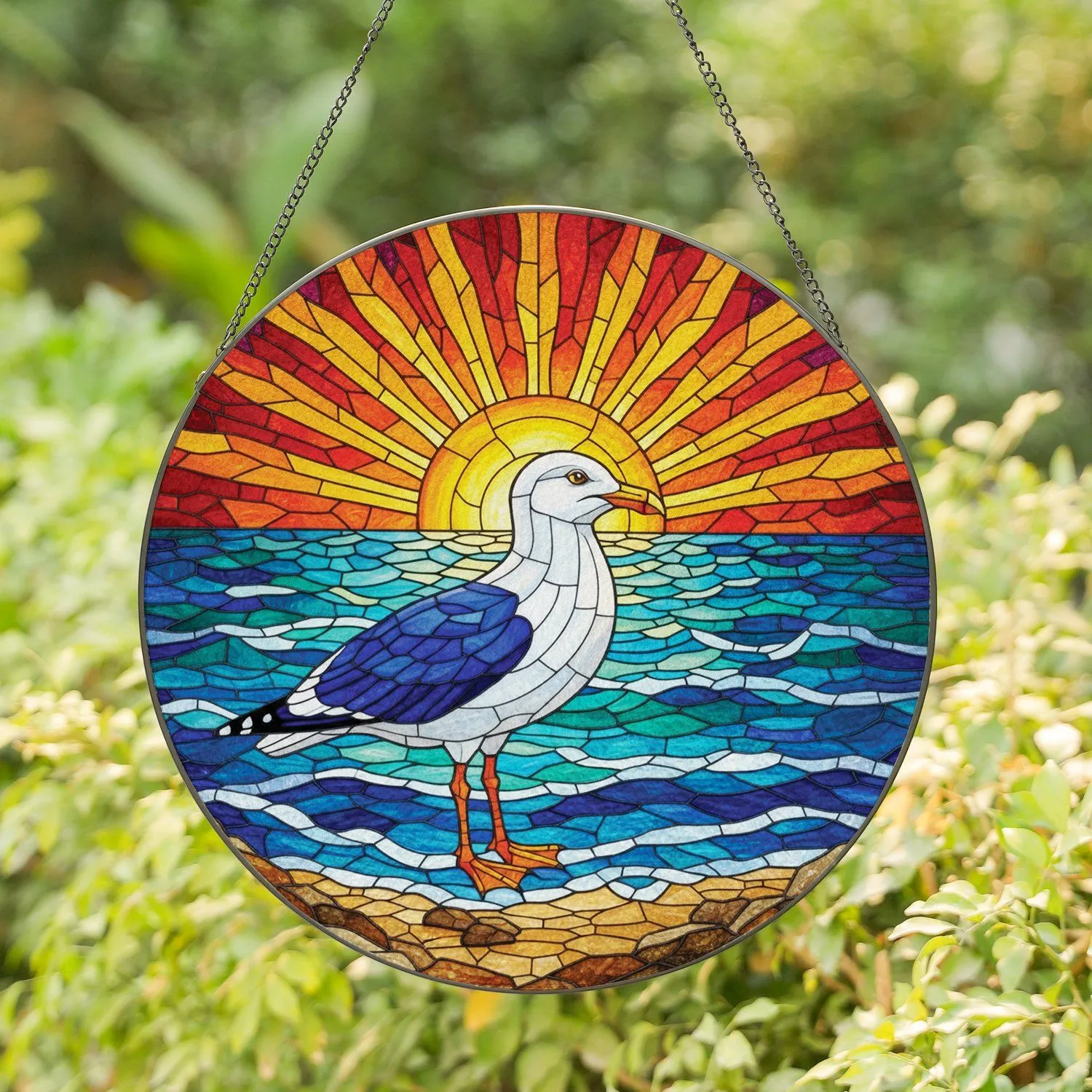 Seagull Coastal Sunset Ocean Waves - Home Decor Gift for Bird Lover Stained Glass Suncatcher - 1