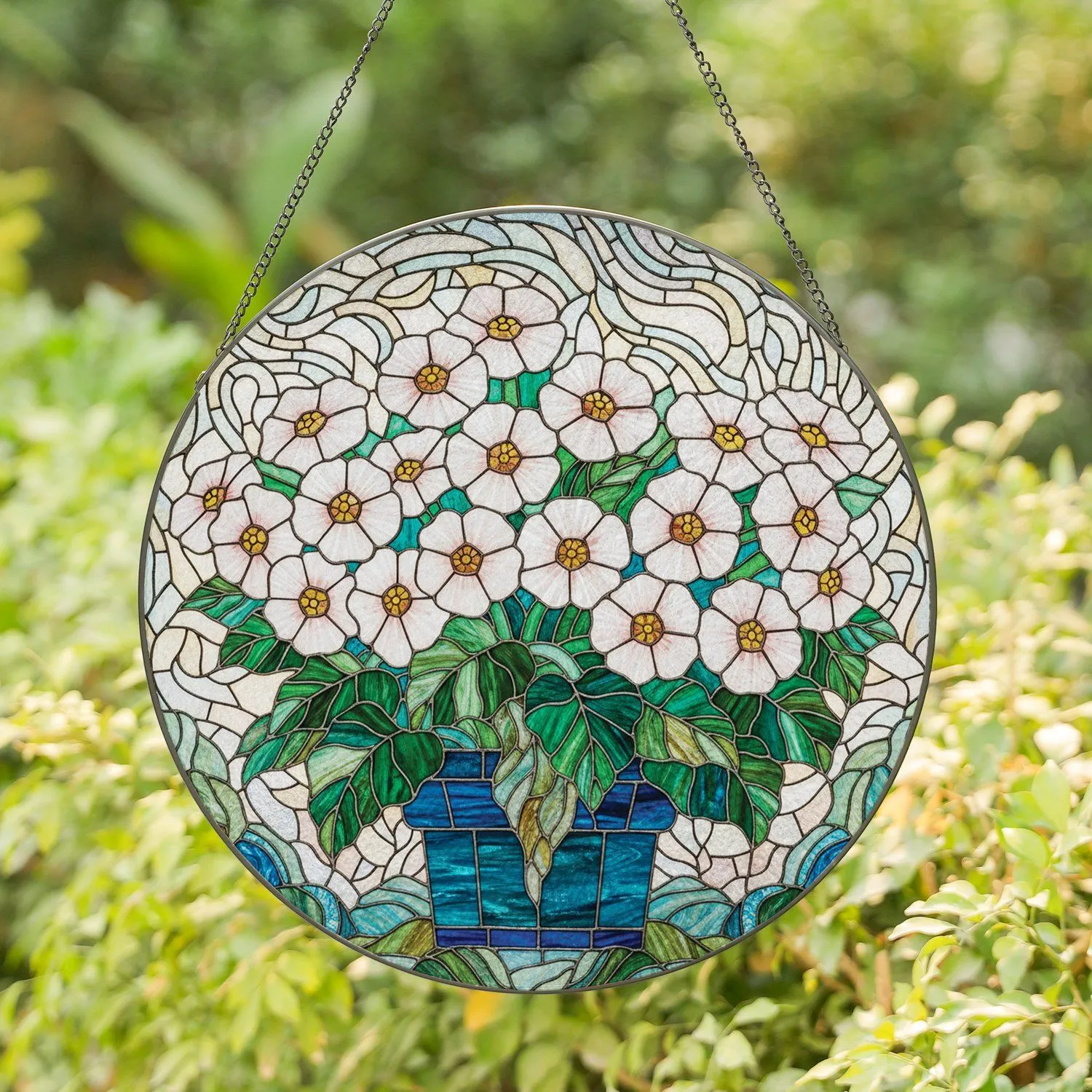 White Pink Yellow Flowers Green Leaves Teal Planter Dappled Sunlight Home Decor Gift Stained Glass Suncatcher - 1