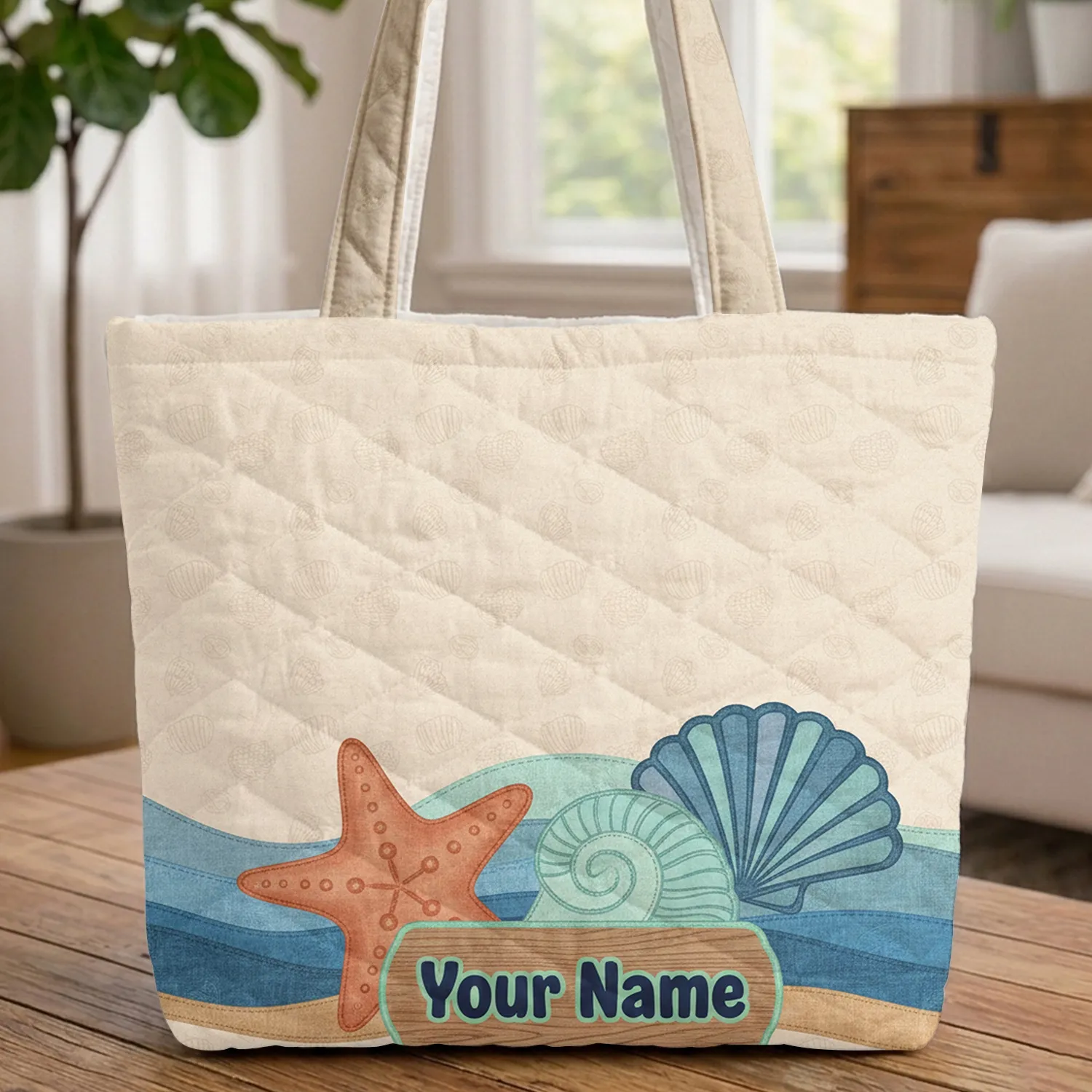 Starfish Seashell Ocean Waves Sandy Ground Driftwood Name Sign Everyday Carry Gift Quilted Tote Bag - 1