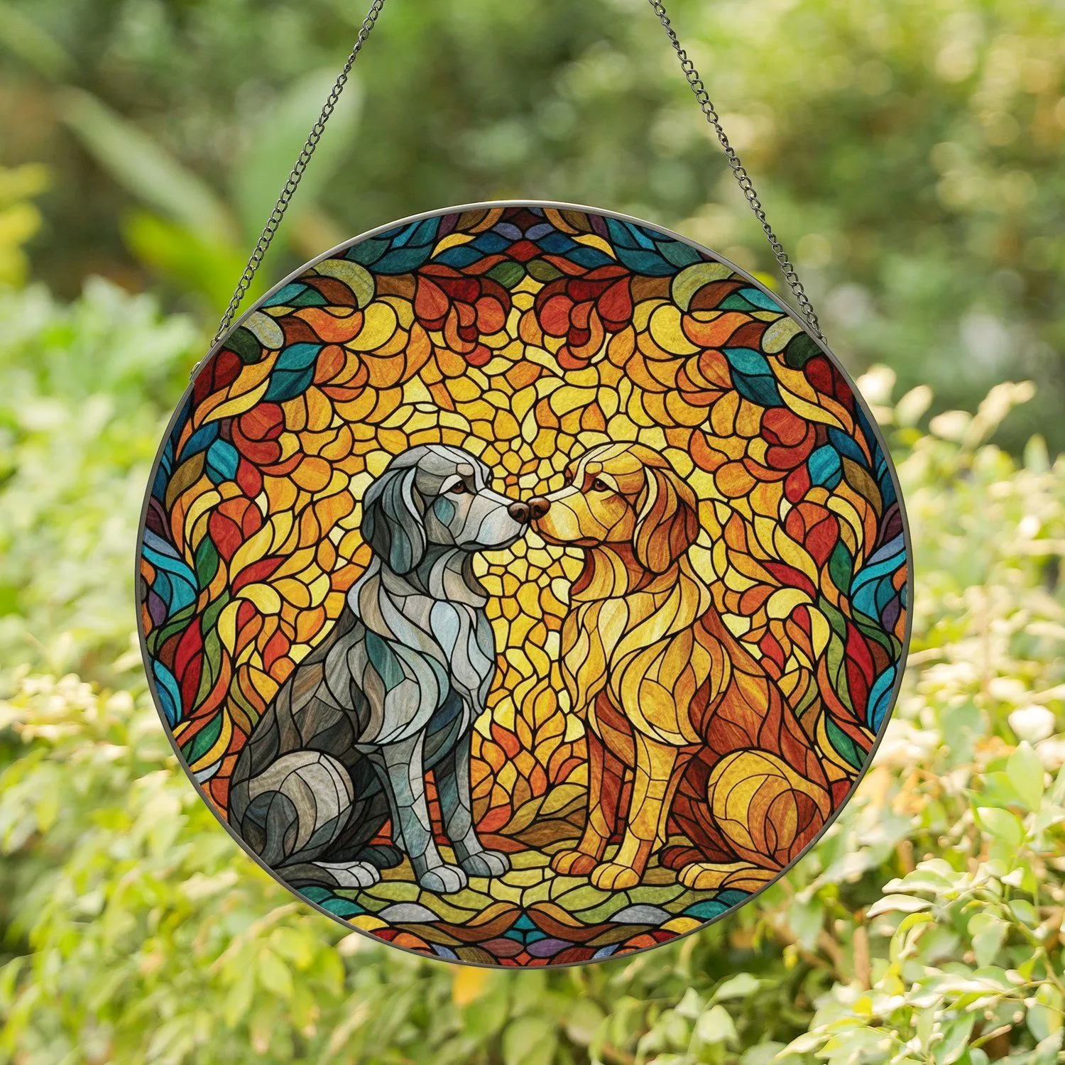Two Sitting Dogs Leaning Leaves Sky Stained Glass - Home Decor Gift for Dog Lovers Stained Glass Suncatcher - 1