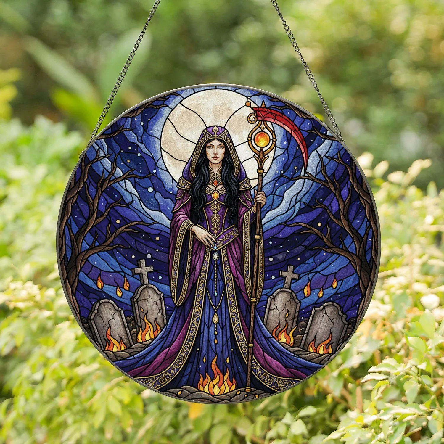 Mysterious Robed Woman Scythe Staff Full Moon Gravestones Night Sky - Gothic Home Decor Gift Stained Glass Suncatcher - 1