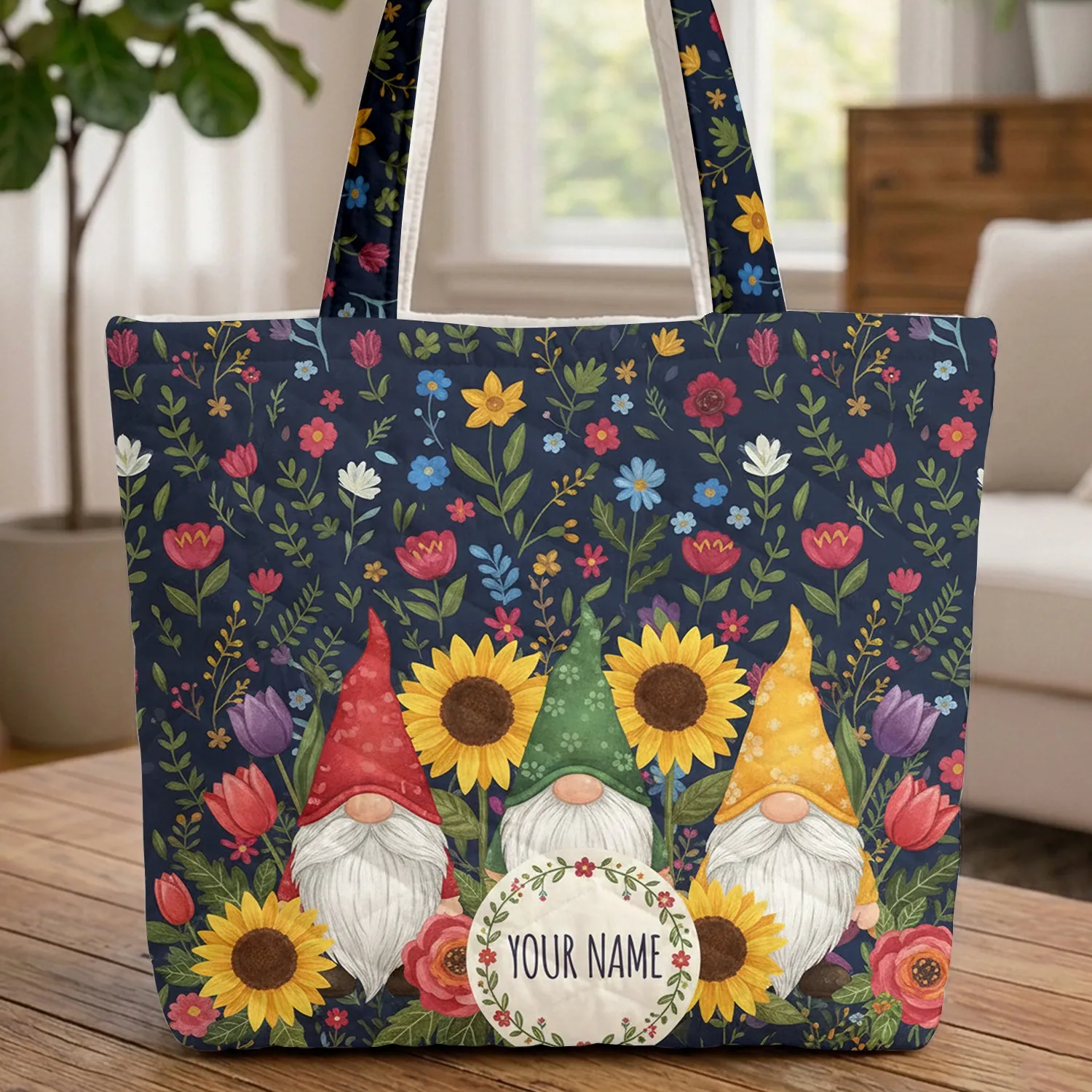 Garden Gnomes Pointed Hats Wildflowers Garden Scene Everyday Carry Gift for Garden Lover Quilted Tote Bag - 1