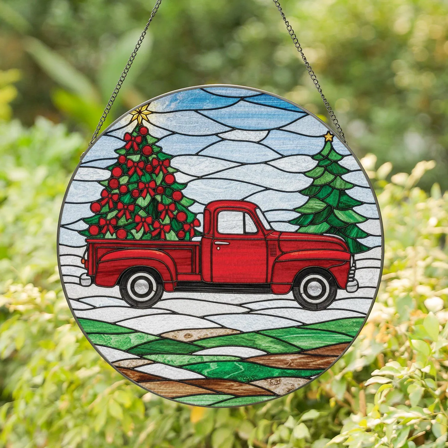 Vintage Red Pickup Truck Christmas Tree Winter Snow - Christmas Holiday Gift for Truck Lover Stained Glass Suncatcher - 1