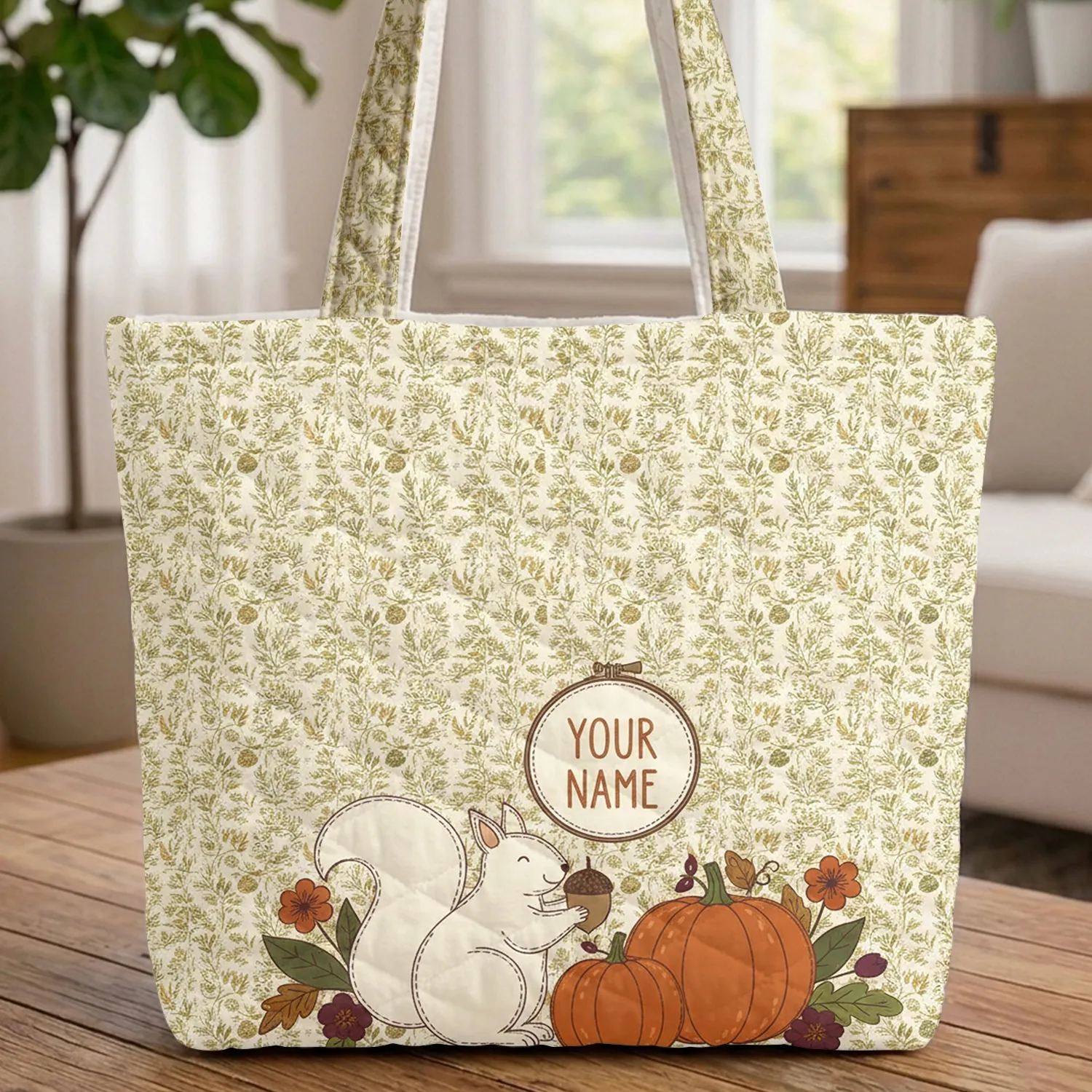 White Squirrel Acorn Pumpkins Autumnal Foliage - Fall Season Everyday Carry Gift Quilted Tote Bag - 1