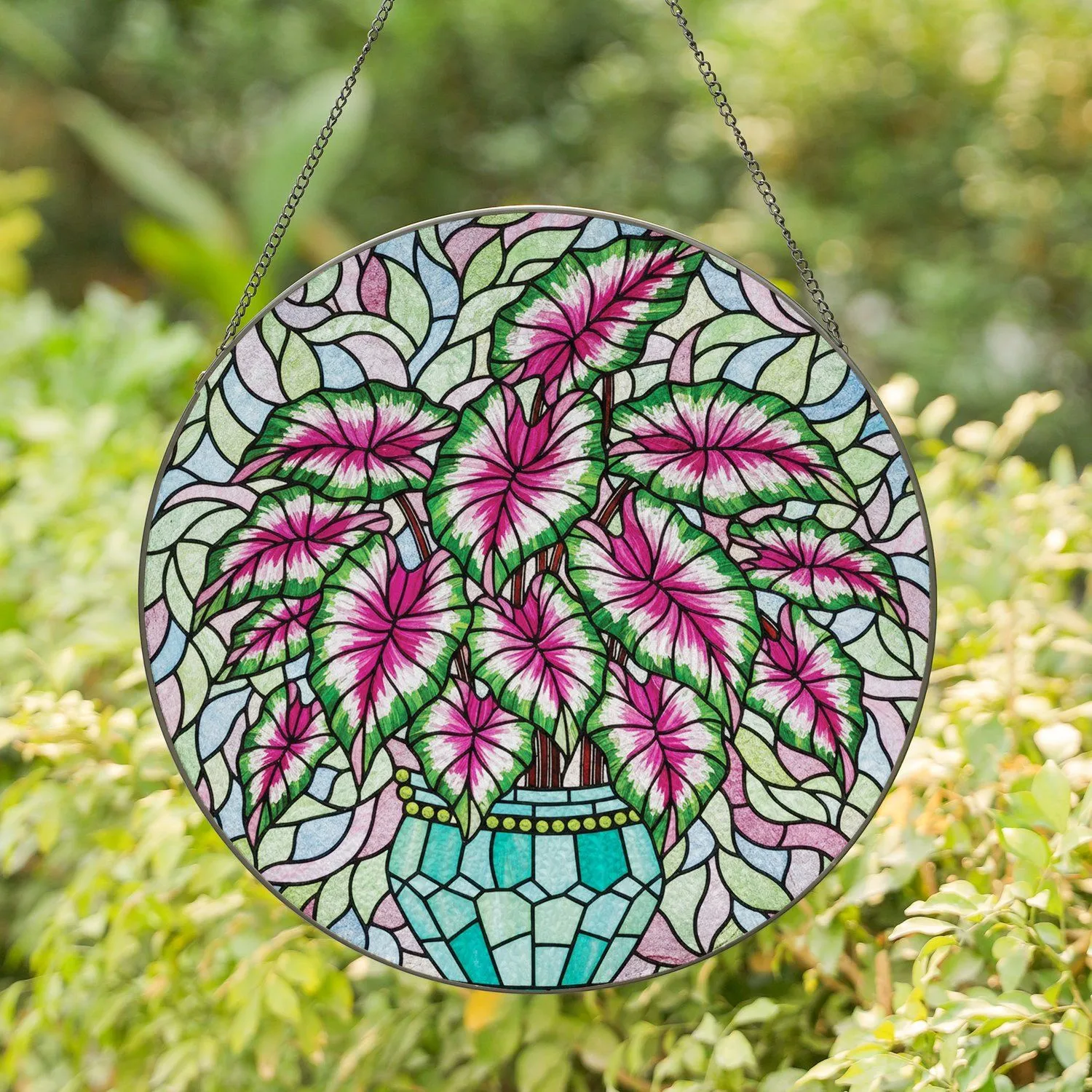 Caladium Leaves Stained Glass Pot Mosaic - Home Decor Gift Stained Glass Suncatcher - 1