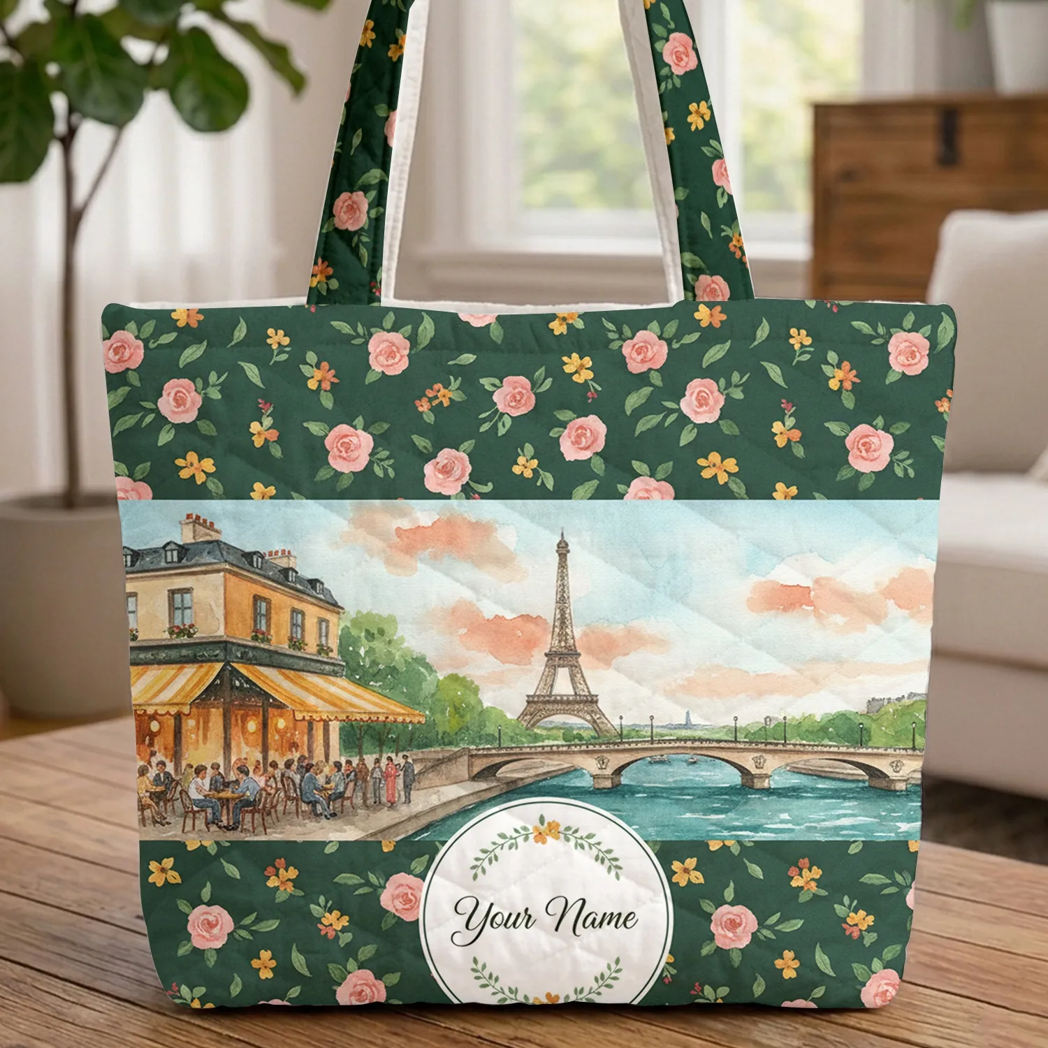 Parisian Cafe Bridge Eiffel Tower Roses - Travel Essentials for Paris Lover Quilted Tote Bag - 1