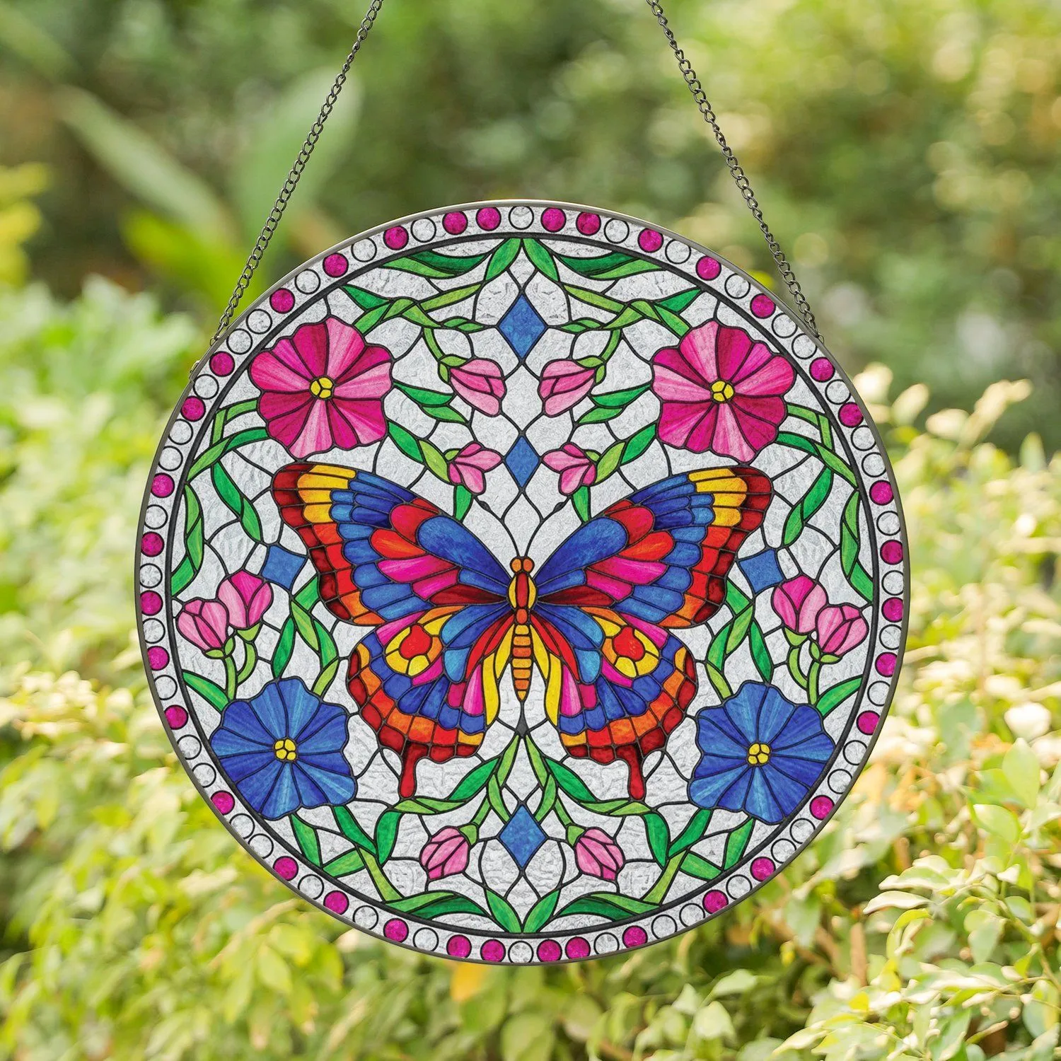 Butterfly Pink Blue Blossoms Green Leaves Diamond Glass Beads Jewel Tone Home Decor Gift Stained Glass Suncatcher - 1