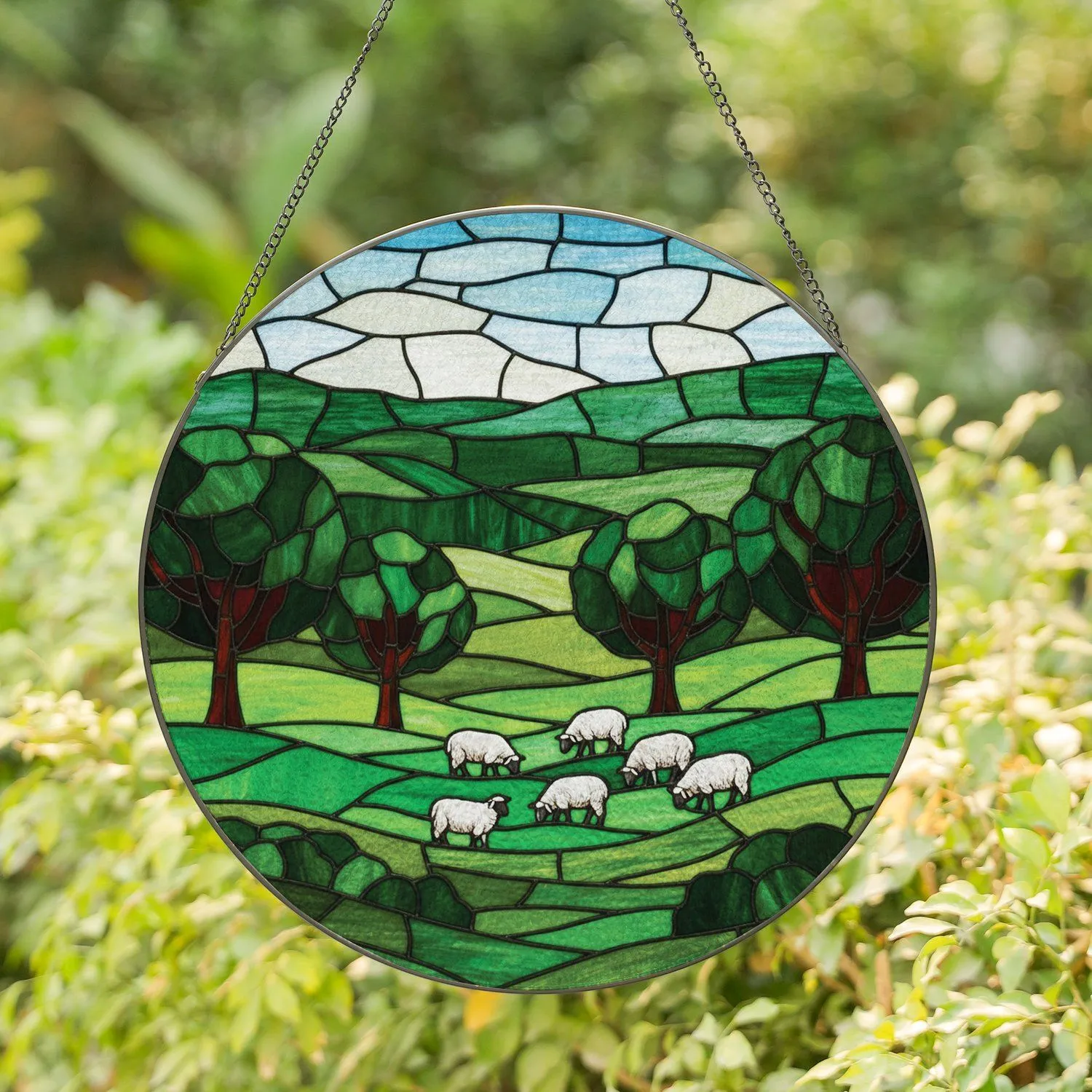 Flock of White Sheep Grazing Rolling Hills - Farmhouse Home Decor Gift for Animal Lover Stained Glass Suncatcher - 1