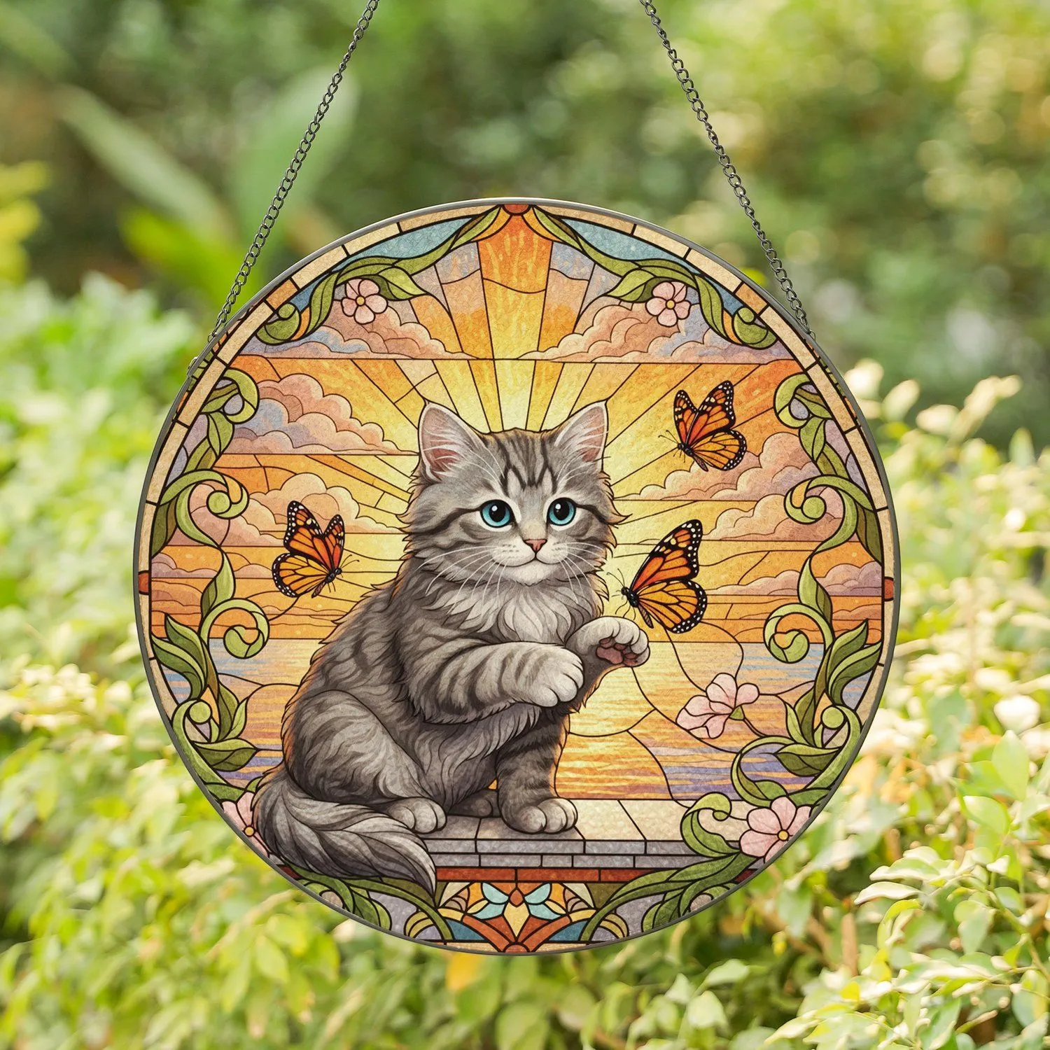 Fluffy Tabby Kitten Monarch Butterfly Window Sunset Ocean - Home Decor Gift for Cat Lover Stained Glass Suncatcher - 1
