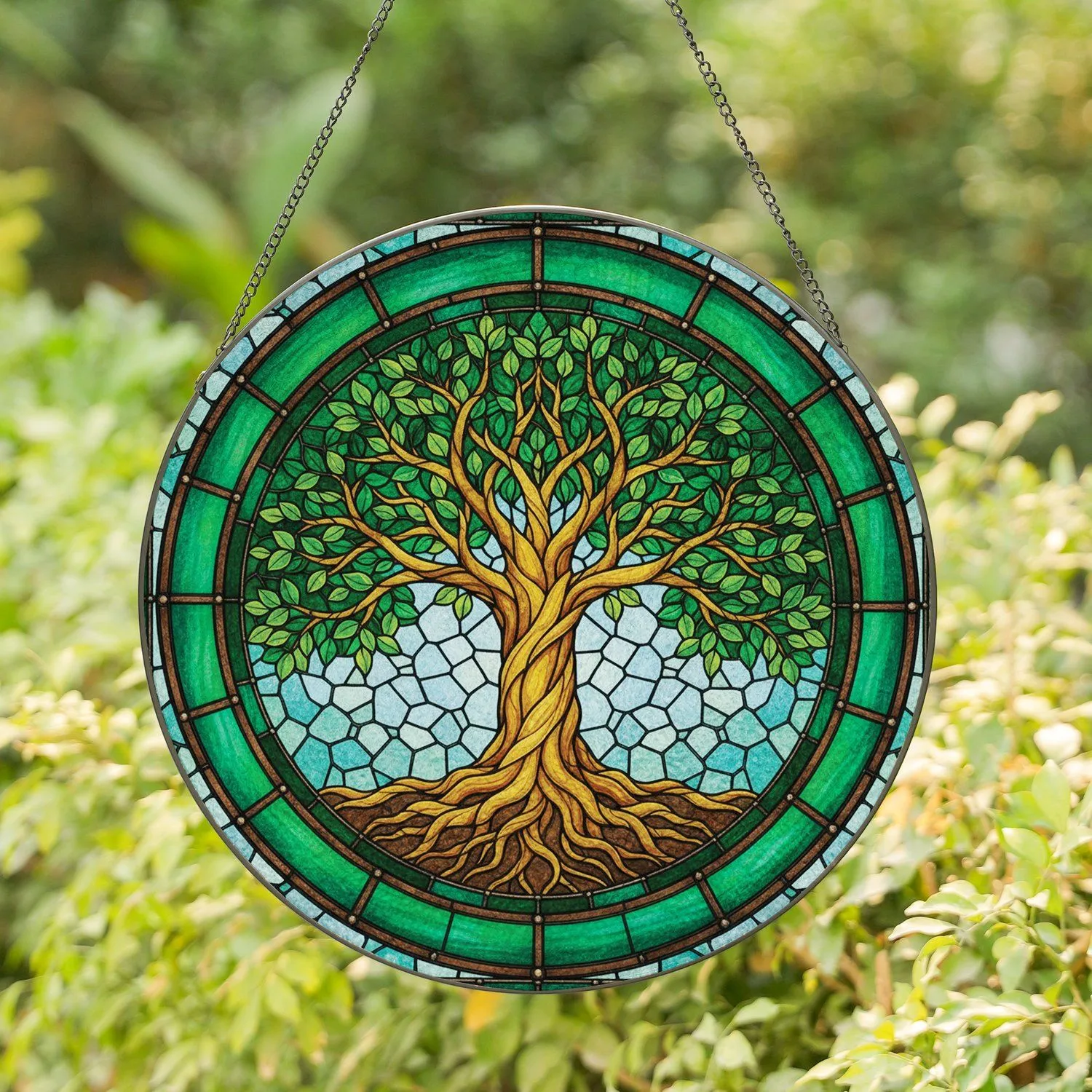 Ancient Tree of Life Gnarled Trunk Variegated Circular Border Sky Home Decor Gift Stained Glass Suncatcher - 1