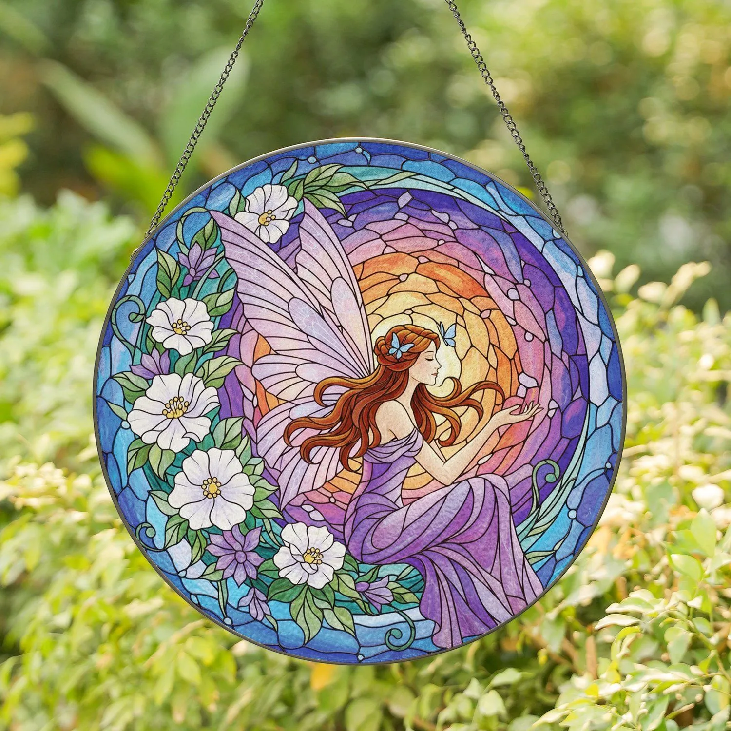 Fairy Woman Crescent Moon Floral Home Decor Gift for Fantasy Lovers Stained Glass Suncatcher - 1