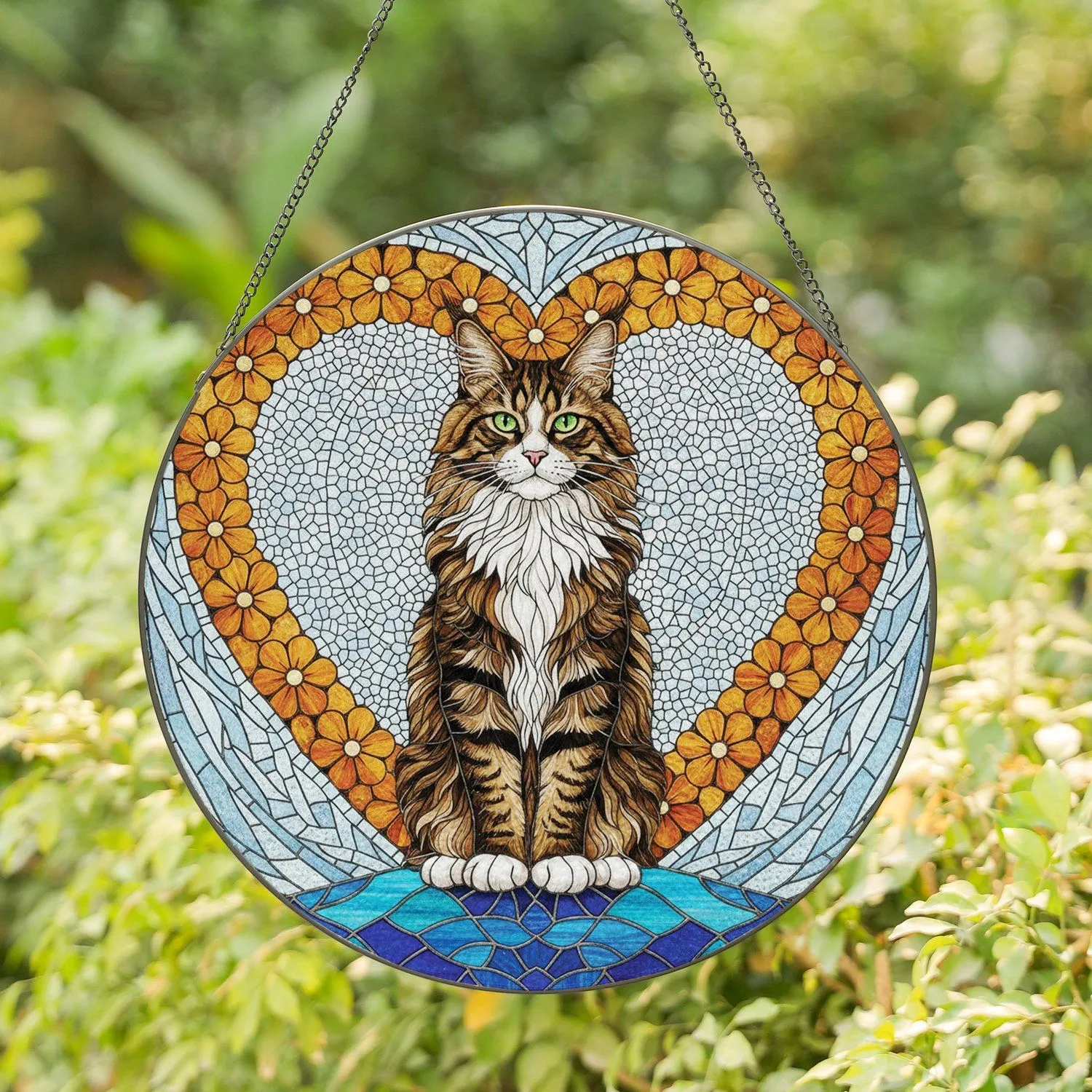 Maine Coon Cat Brown Tabby Green Eyes Heart Flowers Blue Mosaic - Cat Lover Home Decor Gift Stained Glass Suncatcher - 1