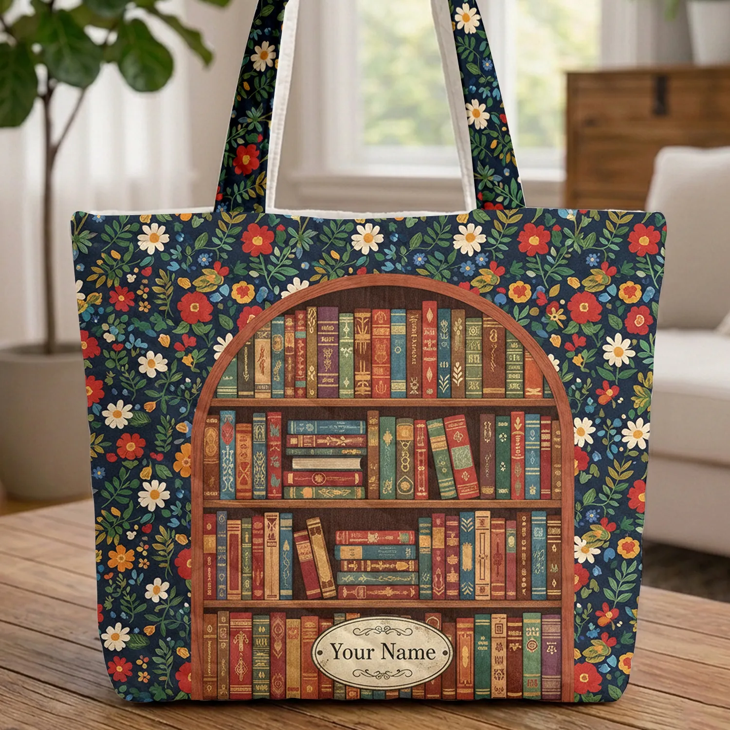 Bookshelf Vintage Books Daisy Petunia Personal Name - Everyday Carry Gift for Reader Quilted Tote Bag - 1
