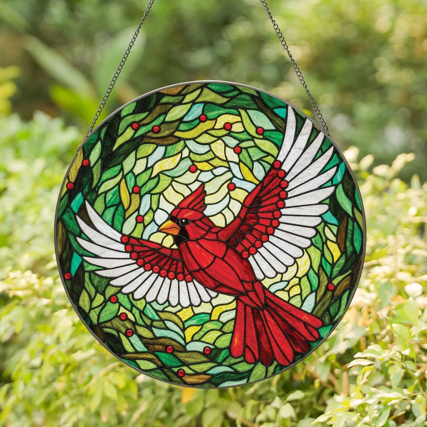 Red Cardinal Bird Flying Forest Berry Jewels - Wildlife Lover Home Decor Gift Stained Glass Suncatcher - 1