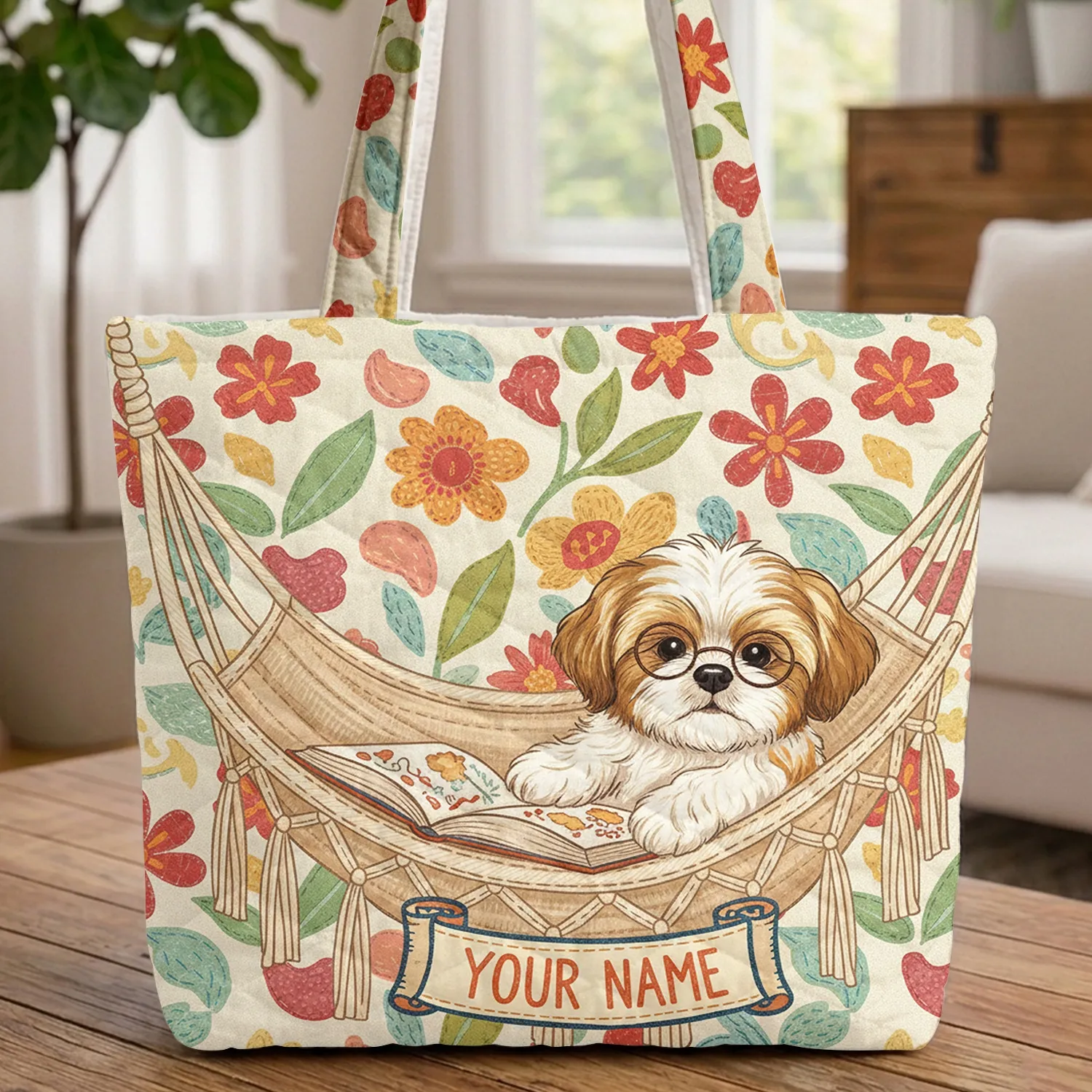 Shih Tzu Puppy Reading Book Hammock Summer Floral - Everyday Carry Gift for Shih Tzu Lovers Quilted Tote Bag - 1