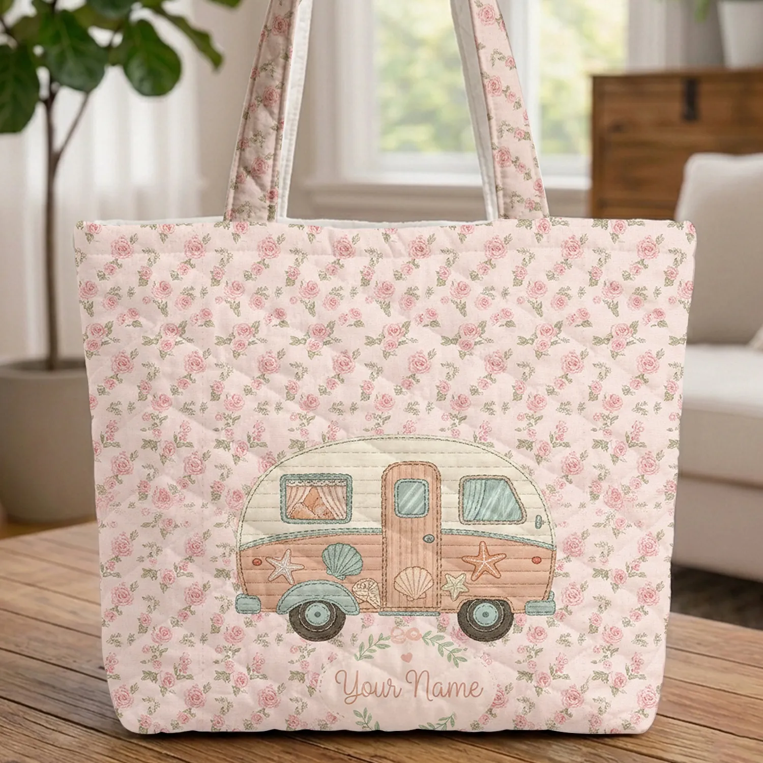 Vintage Camper Van Seashell Coral Rose Garland - Travel Essentials Gift Quilted Tote Bag - 1