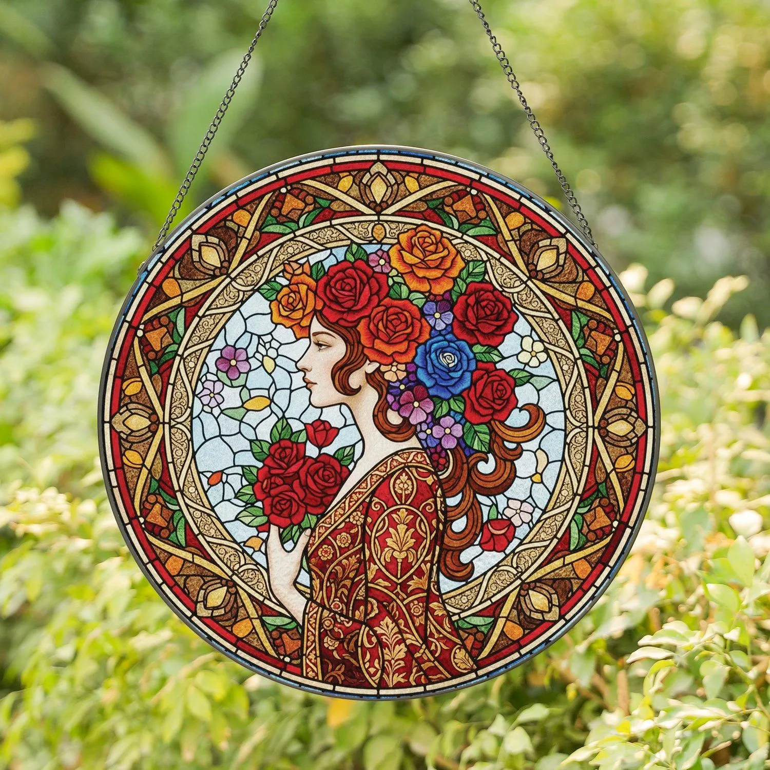 Tiffany Glass Woman Roses Ornate Border Mosaic Background Home Decor Gift Stained Glass Suncatcher - 1