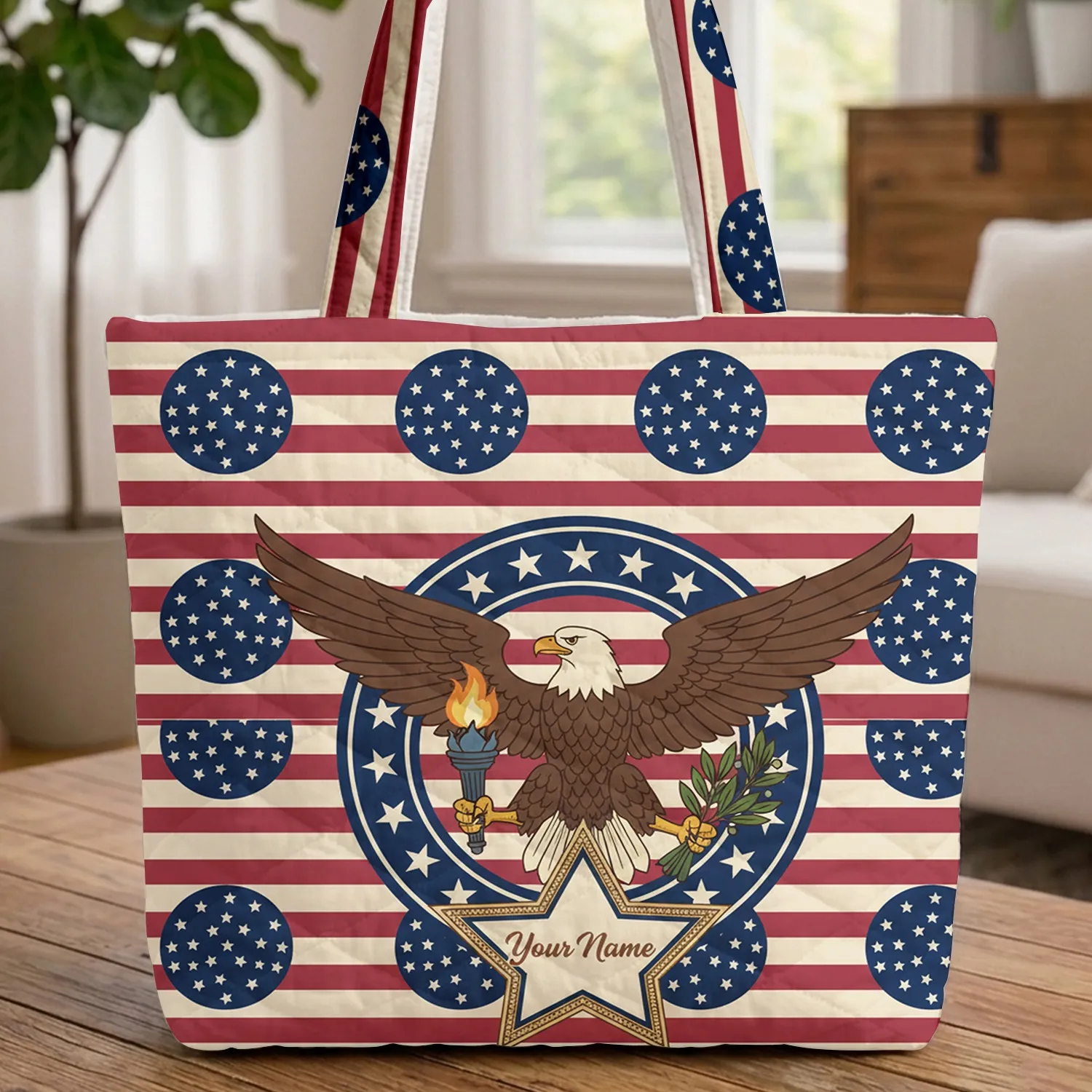 Bald Eagle American Flag Stars Personalized Independence Day Gift for Fathers Quilted Tote Bag - 1