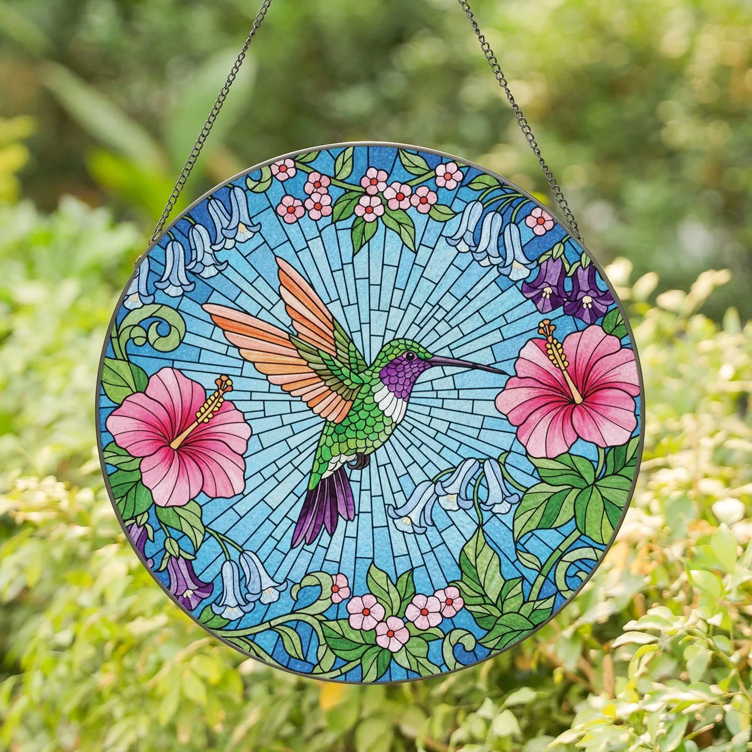 Iridescent Hummingbird Floral Stained Glass - Home Decor Gift for Wildlife Lover Stained Glass Suncatcher - 1