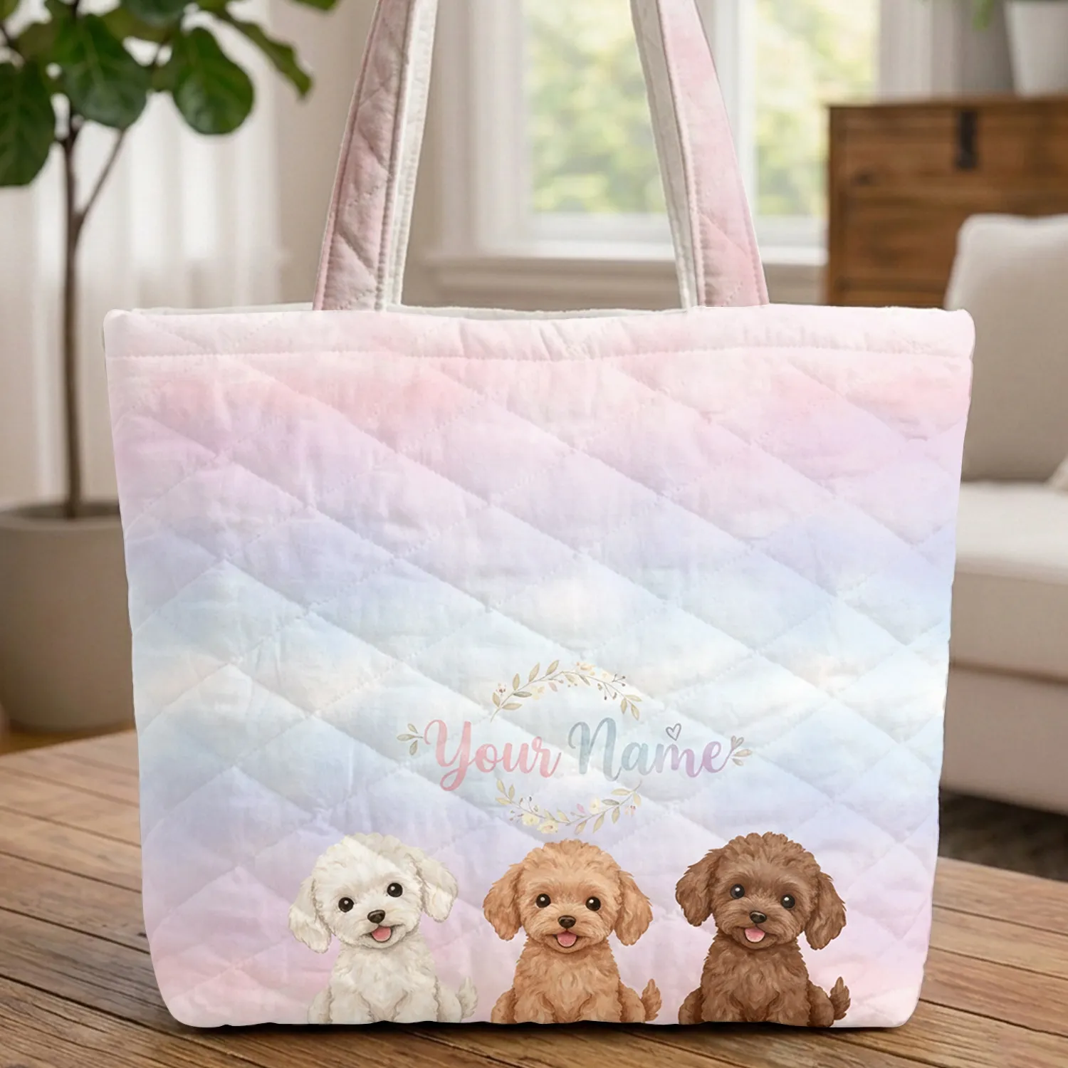 Poodle Puppies Floral Wreath Name - Everyday Carry Gift for Dog Lovers Quilted Tote Bag - 1