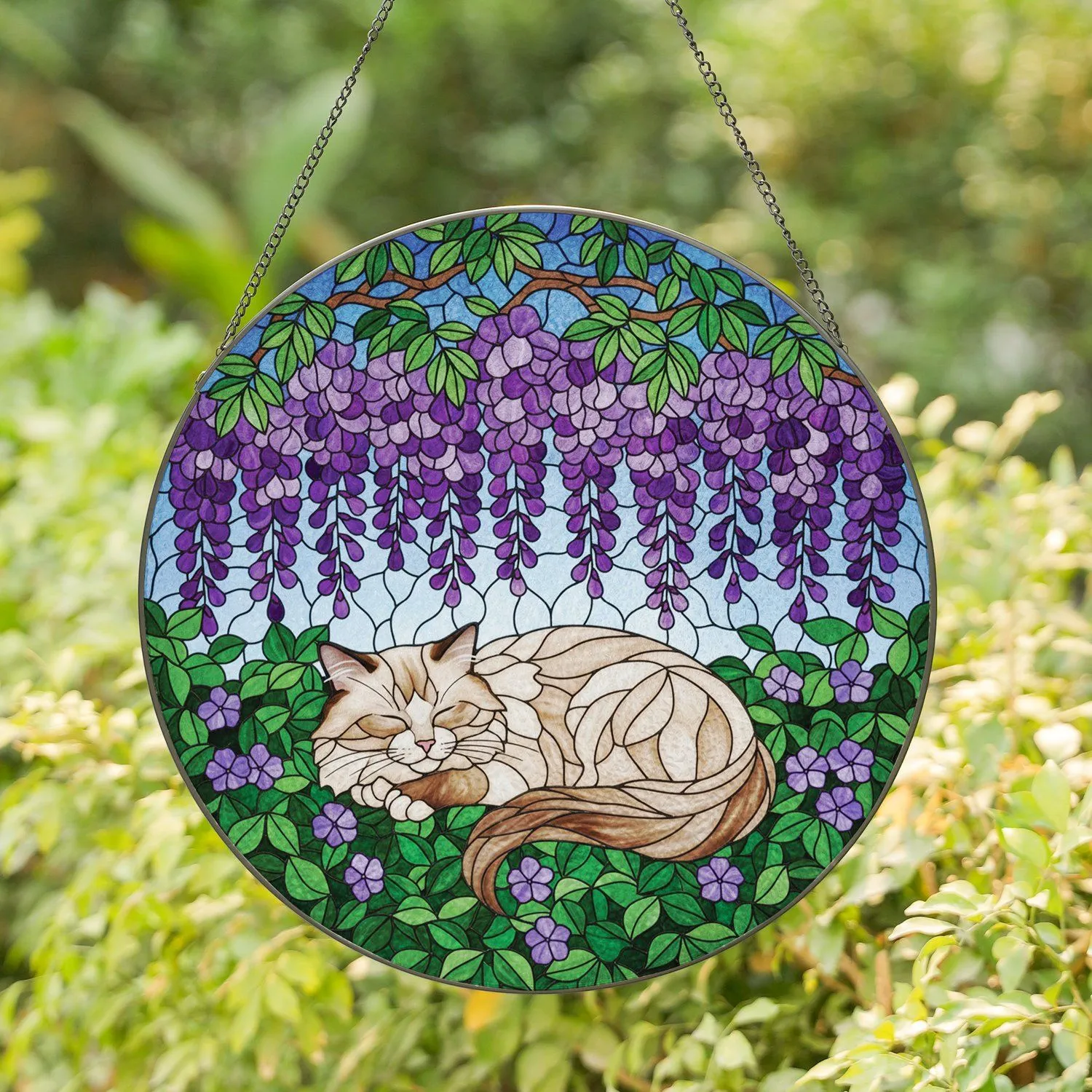 Sleeping Ragdoll Cat Tiffany Stained Glass Wisteria Flowers - Home Decor Gift for Cat Lover Stained Glass Suncatcher - 1