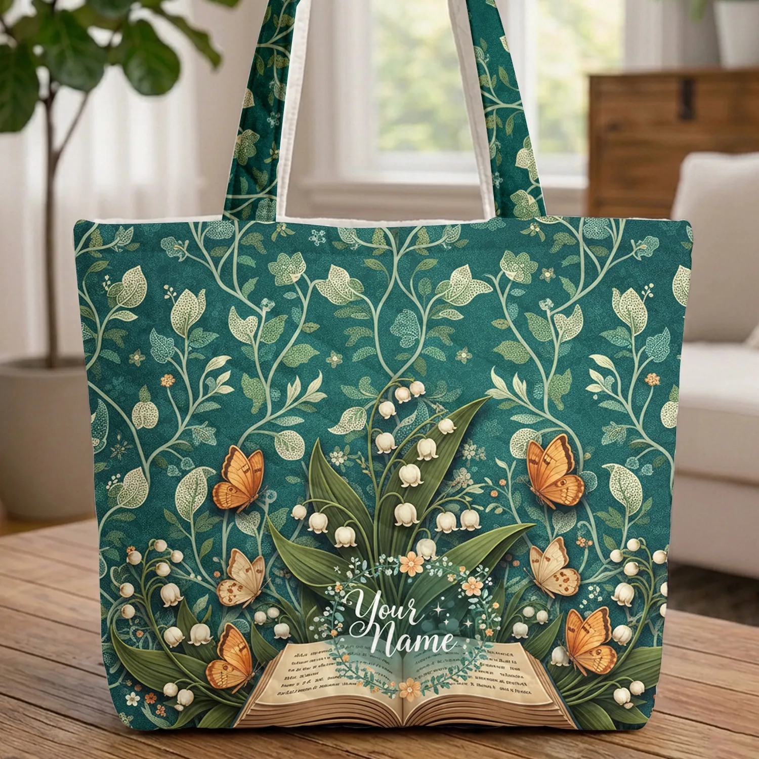 Ornate Open Book Lily Valley Butterflies Personalized Floral Wreath Everyday Carry Gift Quilted Tote Bag - 1