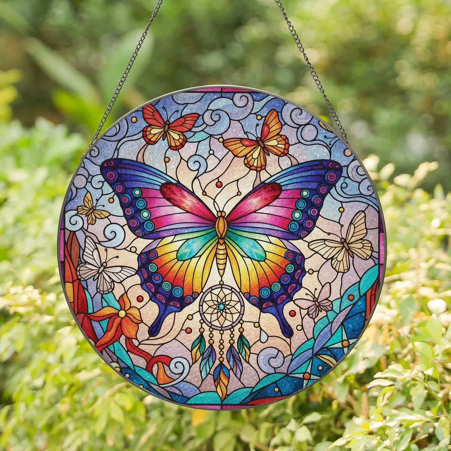 Stained Glass Iridescent Butterfly Dreamcatcher Floral Cloud Mosaic - Home Decor Gift Stained Glass Suncatcher - 1