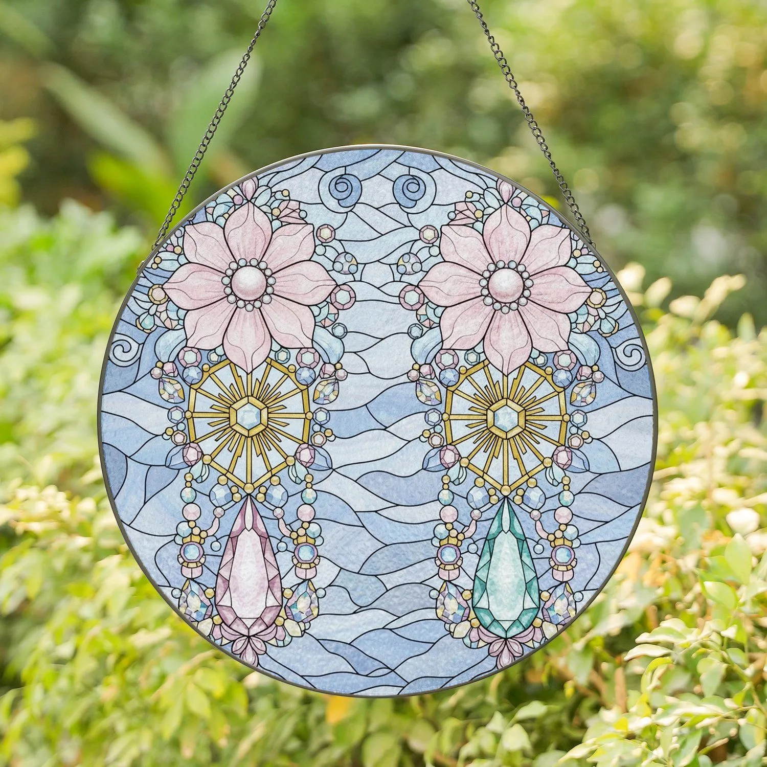 Iridescent Jewel Tone Floral Crystalline Gemstone Swirling Sky - Home Decor Gift Stained Glass Suncatcher - 1