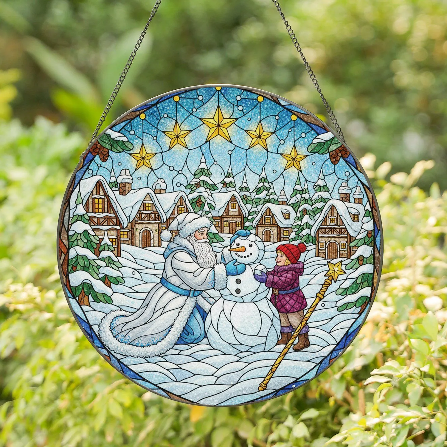 Santa Claus Child Snowman Village Glowing Stars - Christmas Winter Holiday Decor Gift Stained Glass Suncatcher - 1