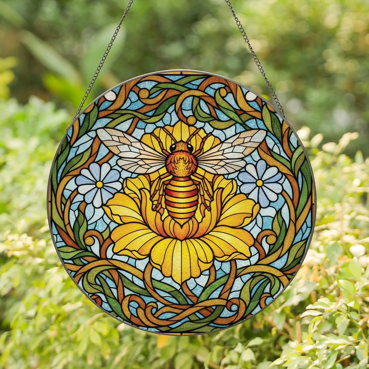 Honey Bee Golden Flowers Leaf Vines Nature - Kitchen Window Home Decor Gift for Bee Lover Stained Glass Suncatcher - 1