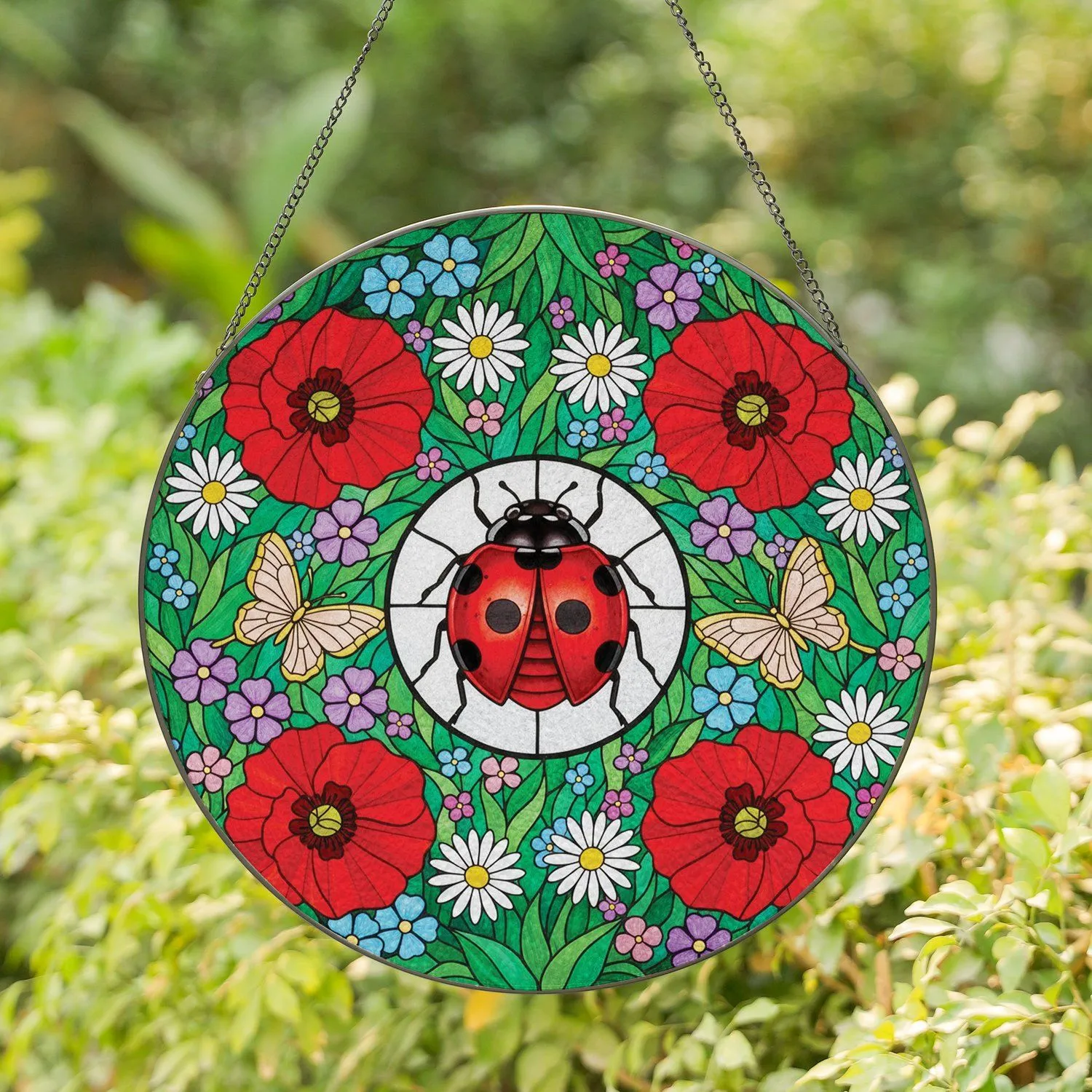 Ladybug Botanical Mosaic Flowers Butterflies - Nature Lover Gift Stained Glass Suncatcher - 1