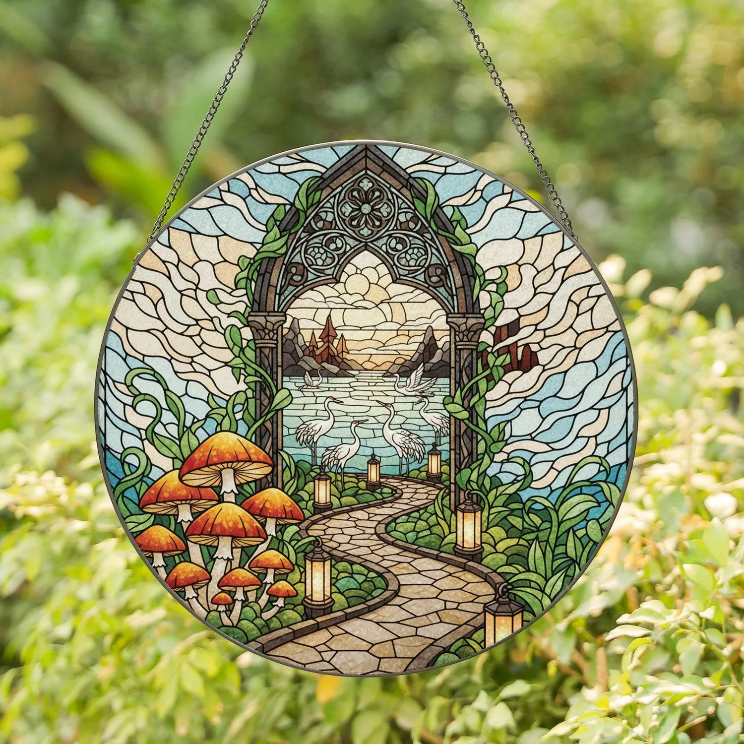 Orange Mushroom Gothic Archway Stone Path Lanterns Cranes - Home Decor Gift Stained Glass Suncatcher - 1