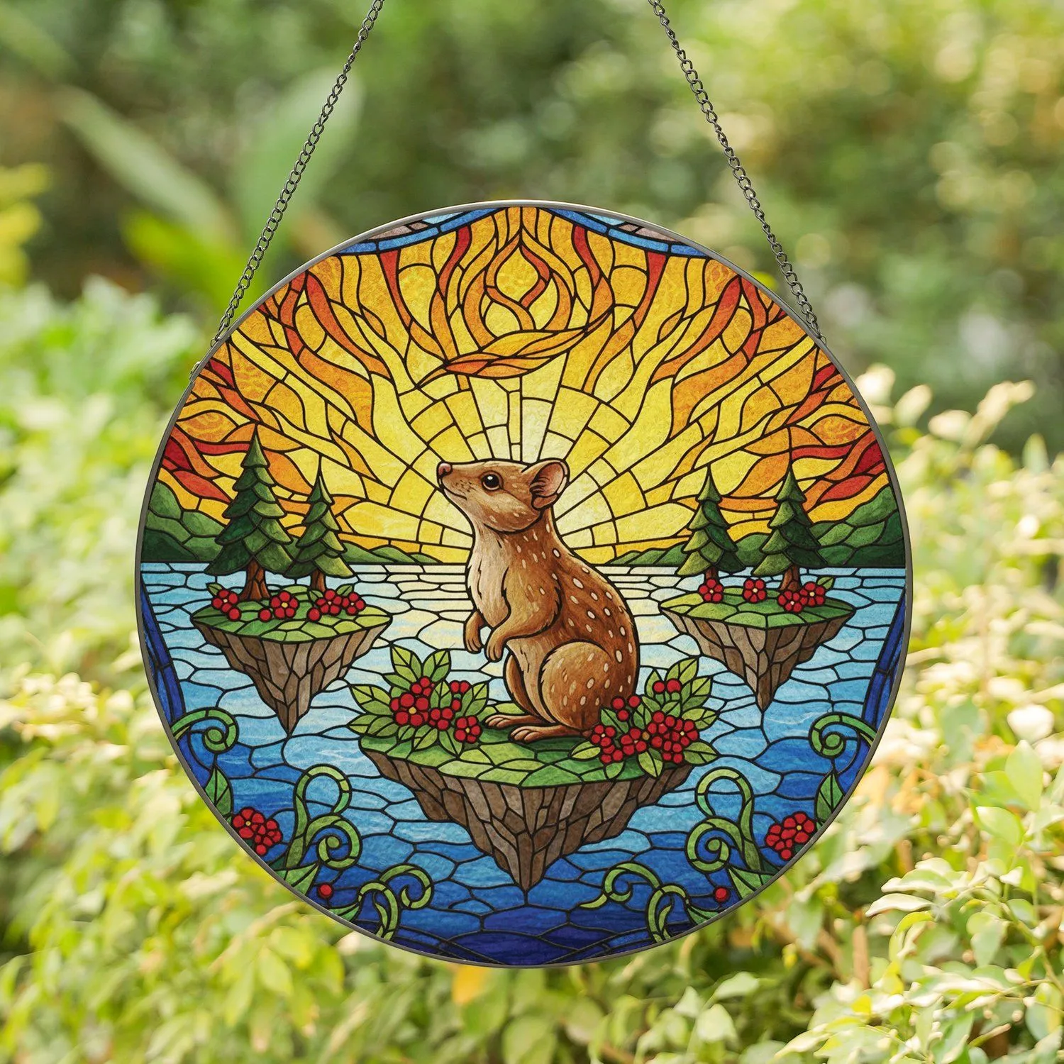 Curious Quoll Marsupial Lake Island Evergreen Tiffany Glass - Wildlife Lover Gift Stained Glass Suncatcher - 1
