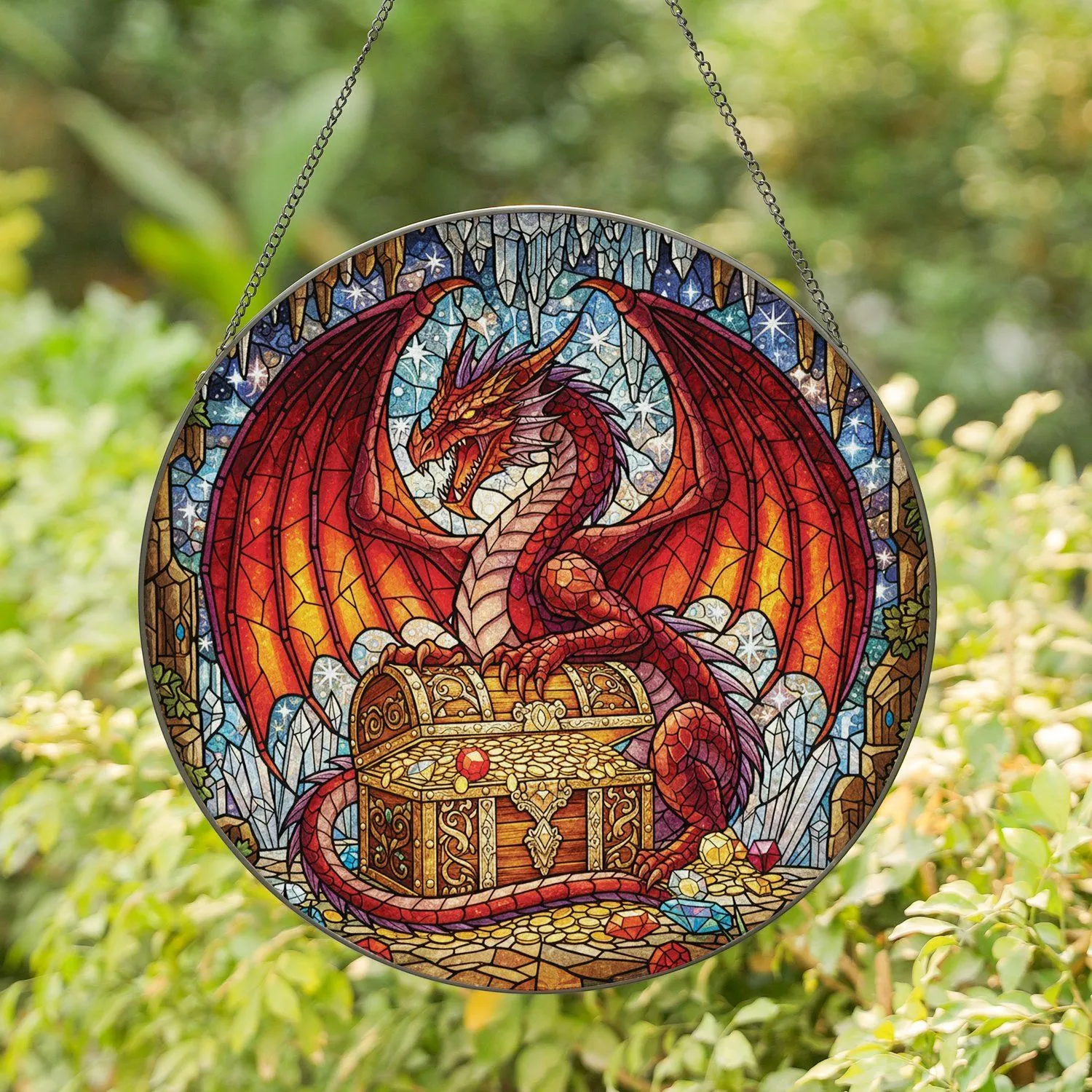 Fierce Majestic Dragon Treasure Chest Cave - Fantasy Home Decor Gift for Dragon Lover Stained Glass Suncatcher - 1