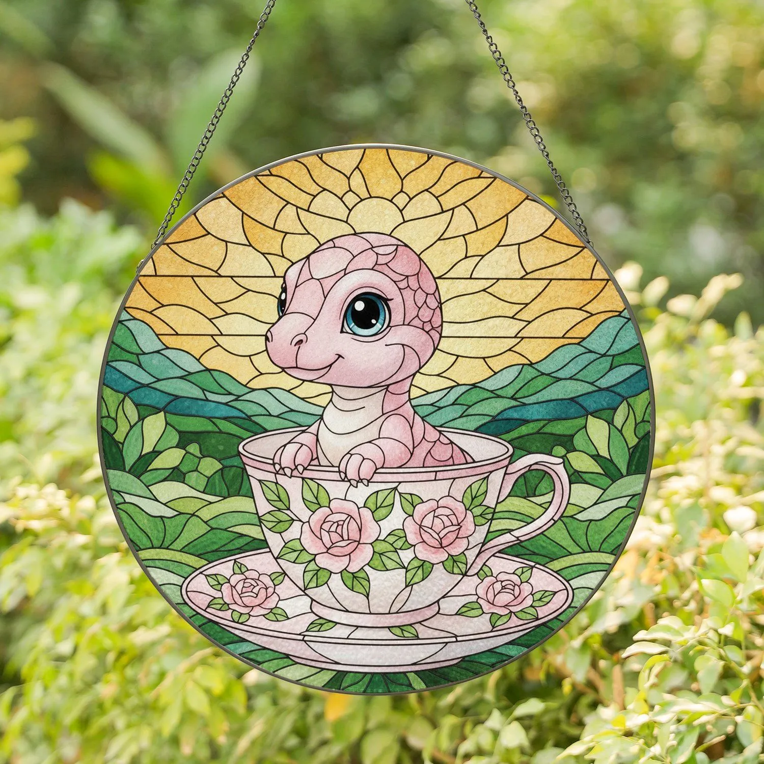 Baby Dinosaur Teacup Hillside Scene - Dinosaur Home Decor Gift Stained Glass Suncatcher - 1