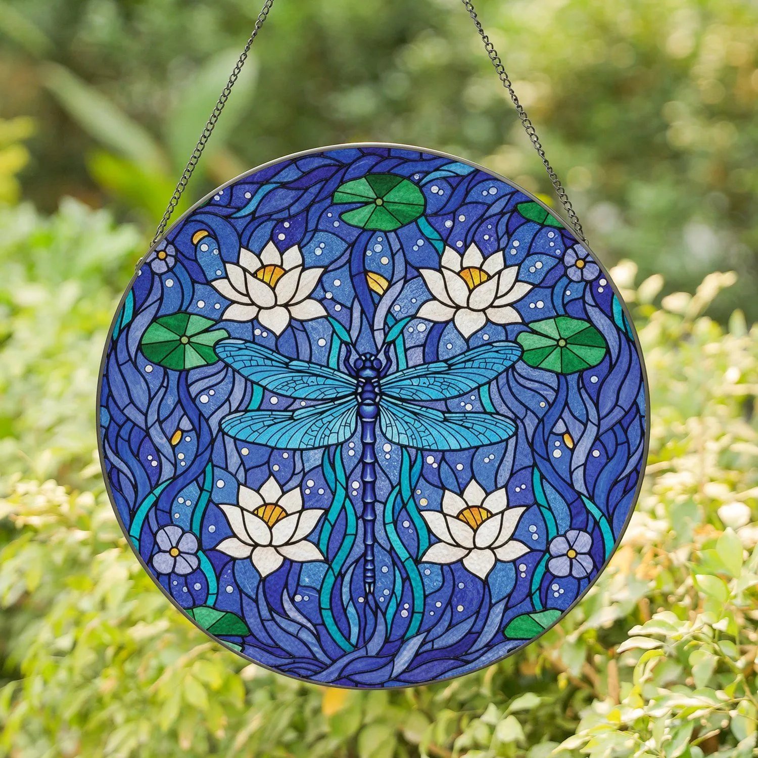 Blue Dragonfly White Lotus Water Lily Pads Aquatic Garden - Home Decor Gift for Gardeners Stained Glass Suncatcher - 1