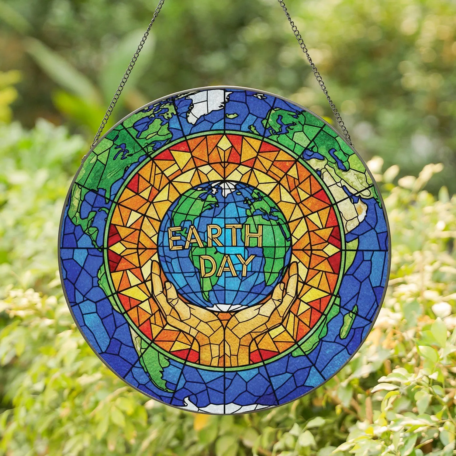 Stained Glass Earth Globe Cupped Hands Geometric Mosaic - Earth Day Celebration Gift Stained Glass Suncatcher - 1