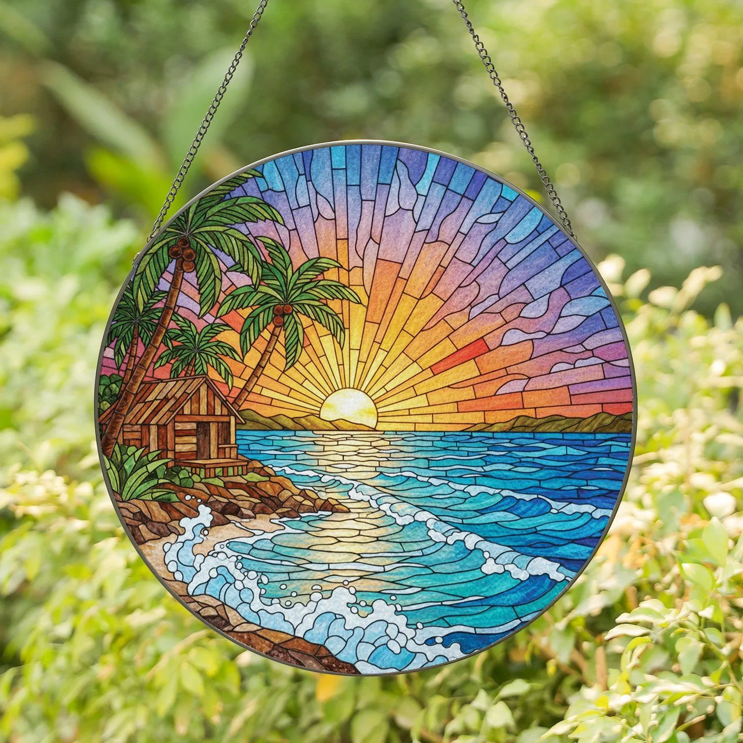 Tropical Sunset Beach Scene Palm Trees Beach Hut Ocean Waves - Home Decor Gift Stained Glass Suncatcher - 1