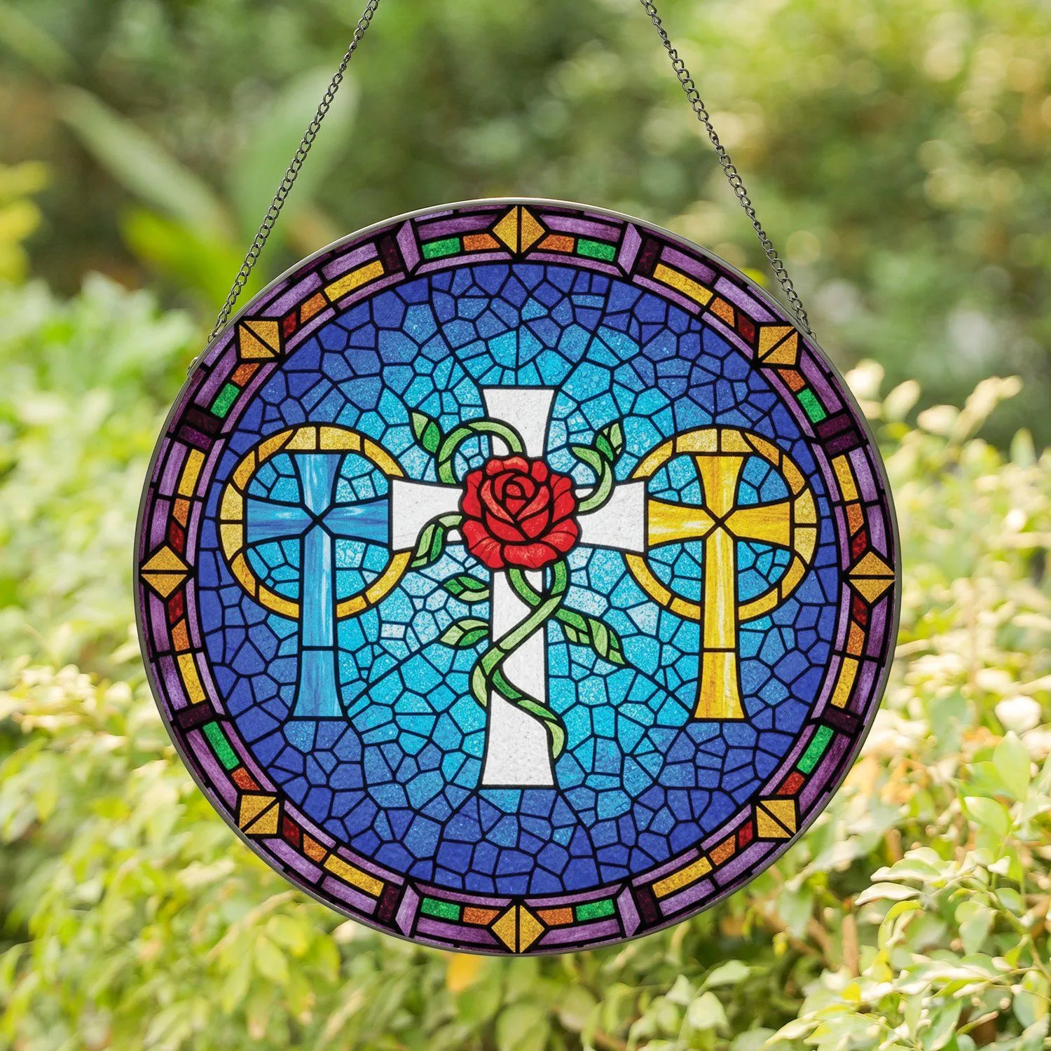 White Cross Red Rose Blue Golden Crosses Vine Circular Scene - Home Decor Gift Stained Glass Suncatcher - 1