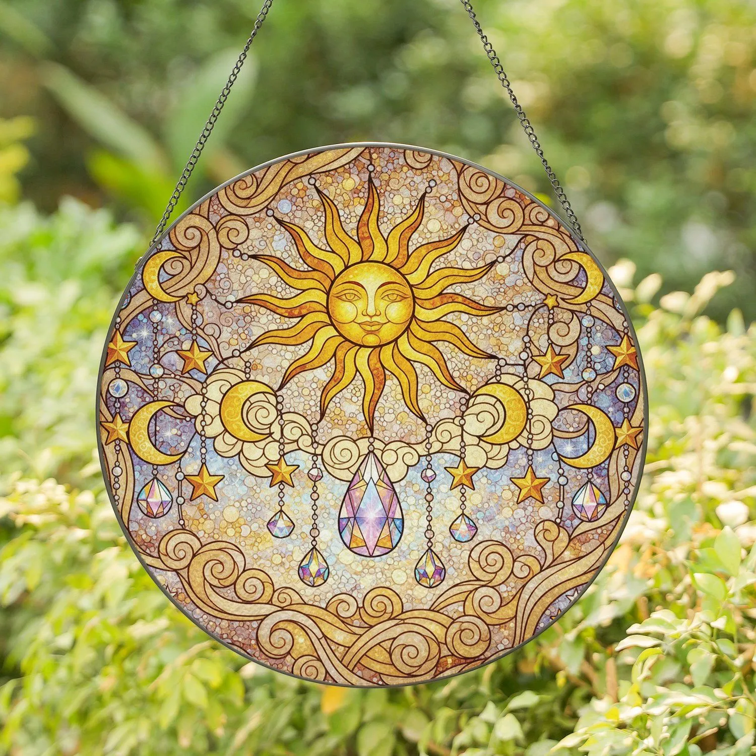 Golden Sunburst Iridescent Crystal Teardrop Crescent Moons Stars - Home Decor Gift Stained Glass Suncatcher - 1