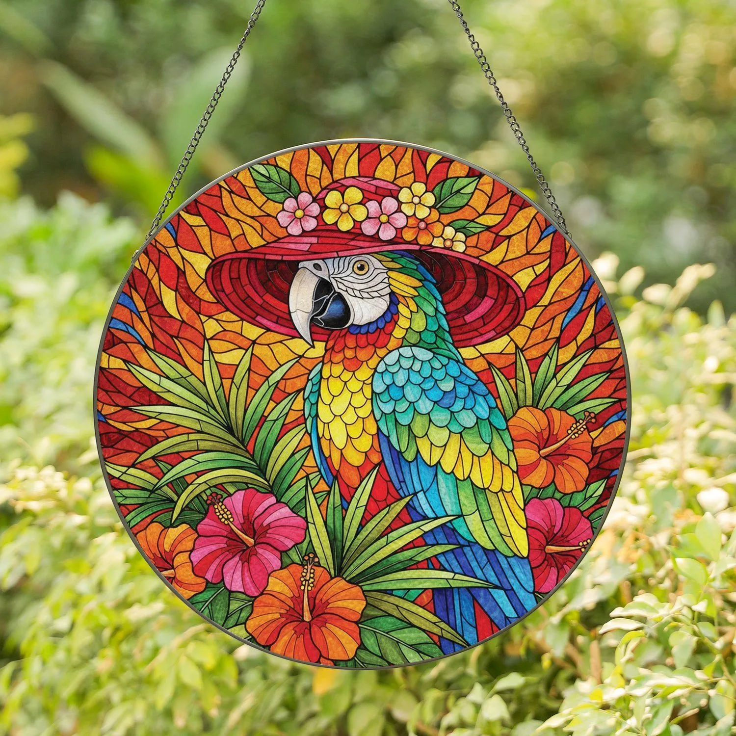 Macaw Bird Hat Tropical Hibiscus Palm Fronds Tiffany Glass - Wildlife Lover Gift Stained Glass Suncatcher - 1