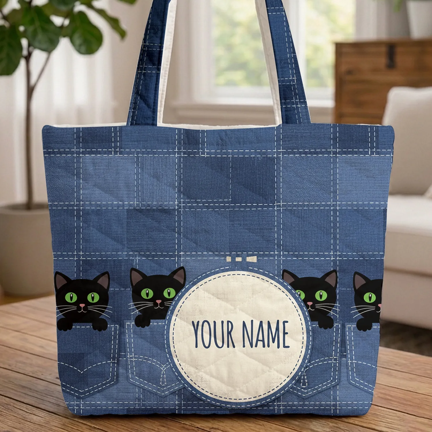 Black Cats Patchwork Denim Name Hoop - Everyday Carry Gift for Cat Lover Quilted Tote Bag - 1